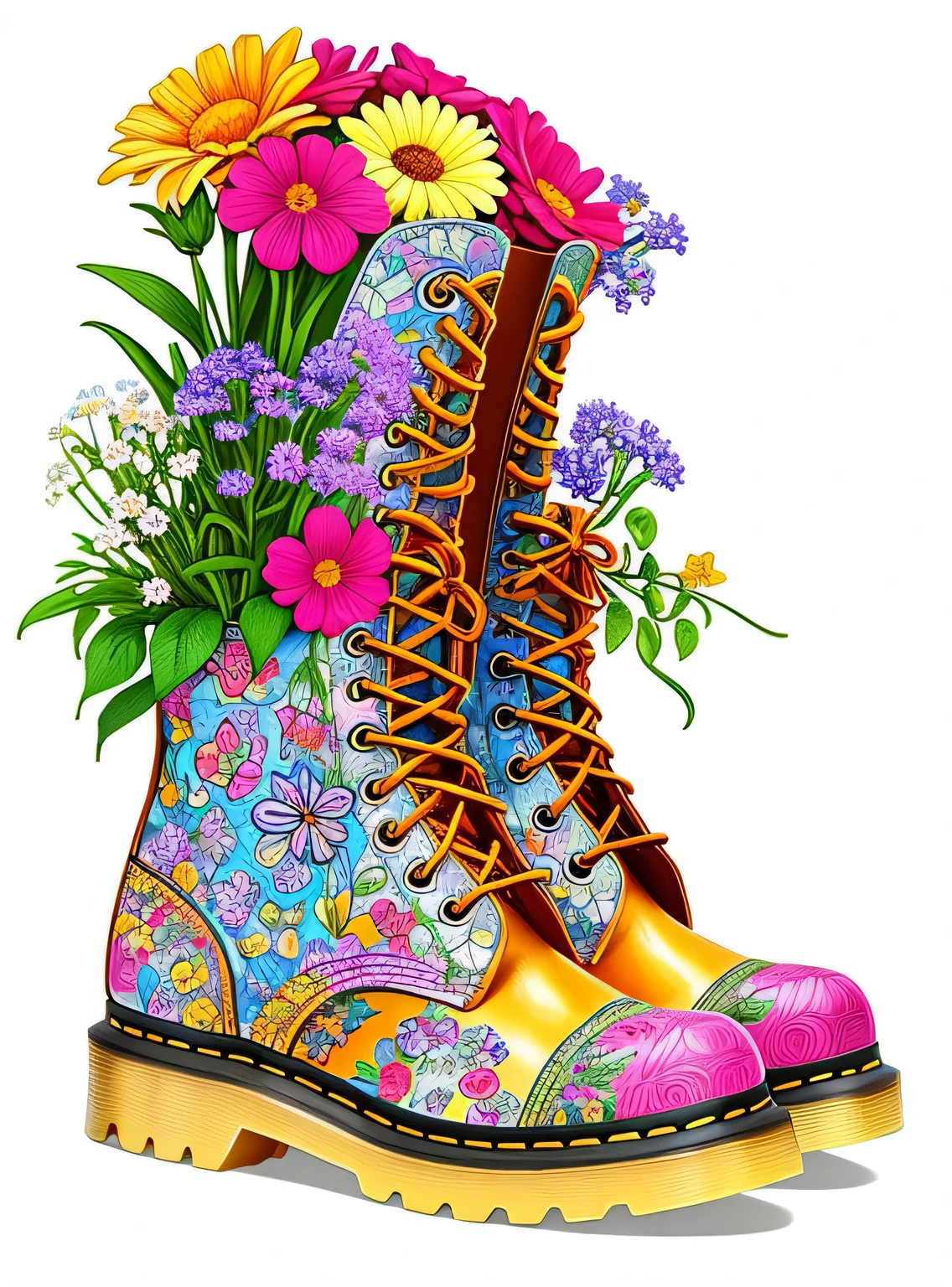 um close de uma bota com flores e uma casa, colorful digital illustration, colorful illustration, muito detalhado e colorido, arte digital altamente detalhada, arte detalhada fofa, arte caprichosa, sobre arte detalhada, highly detailed illustration, botas doc marten, Direction: Arthur Adams, Direction: John Backderf, colorido ricamente detalhado, por Randy Post, altamente detalhado e colorido