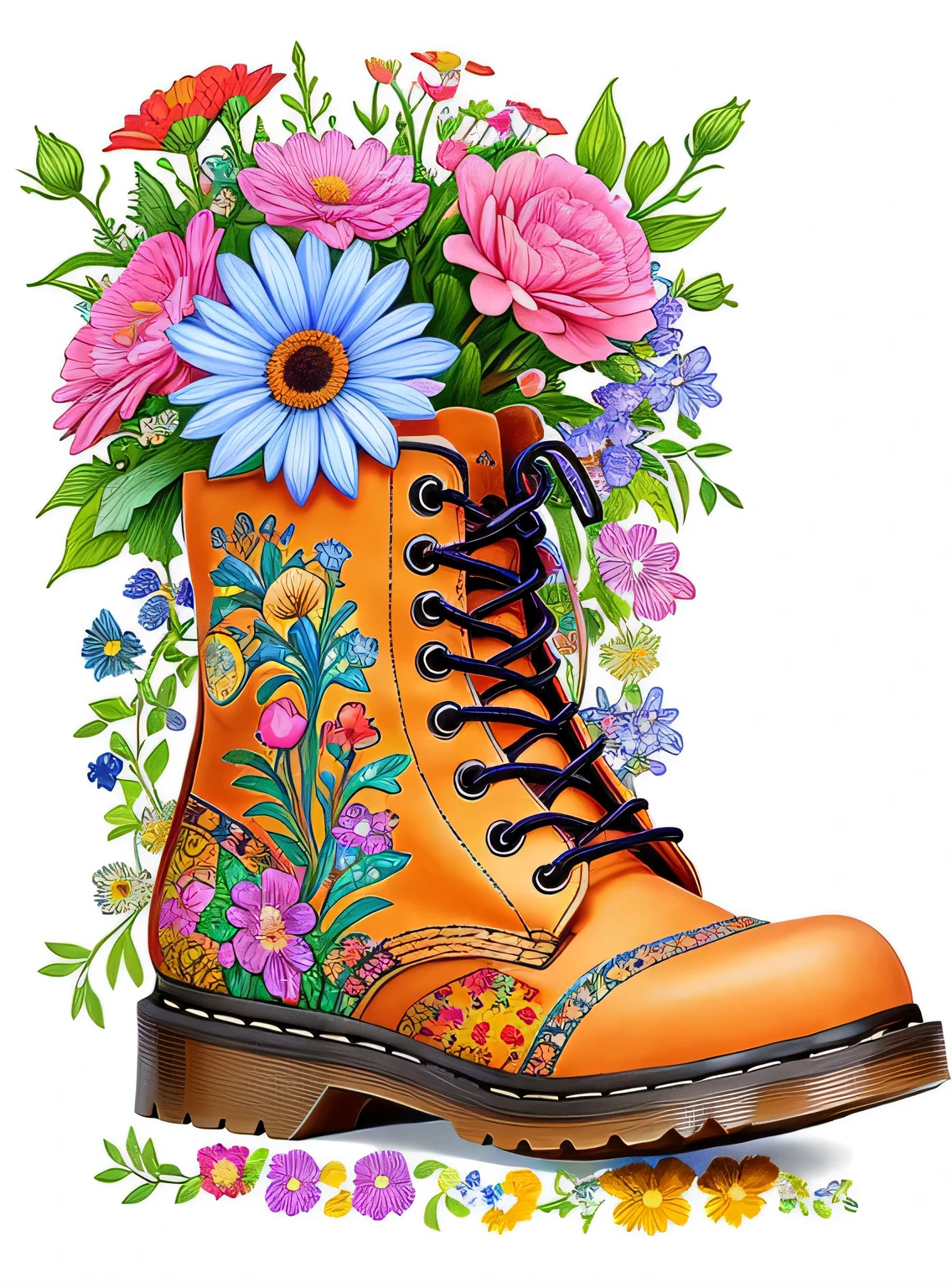 um close de uma bota com flores e uma casa, colorful digital illustration, colorful illustration, muito detalhado e colorido, arte digital altamente detalhada, arte detalhada fofa, arte caprichosa, sobre arte detalhada, highly detailed illustration, botas doc marten, Direction: Arthur Adams, Direction: John Backderf, colorido ricamente detalhado, por Randy Post, altamente detalhado e colorido