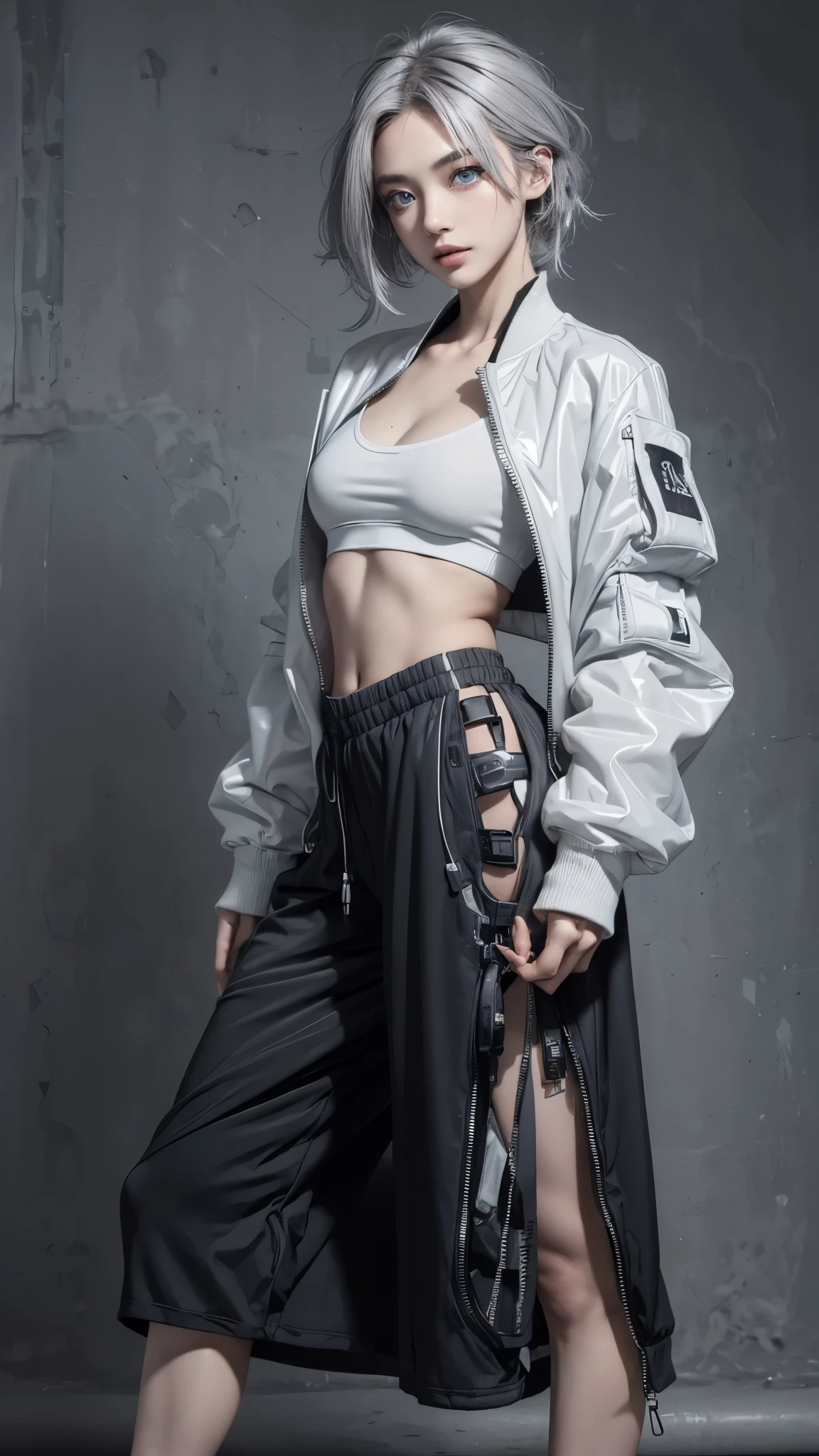 (anime:1.3), (all body shot, fashion portrait:1.6), ultra detailed, beautiful, masterpiece, best quality, _ BREAK (1girl:1.2), 22 years old, 160 cm, Japanese cute model, (Tightened all body, medium Breasts:1.4), small head, small face, diamond Face, small nose, Sharp Faceline, young hands and fingers, beautiful hands and fingers, five fingers, _ BREAK (Glossy Lips:1.3), (Light color lips, Half open mouth, beautiful Teeth:1.2), (dropy eyes, Double eyelid, light color eyes:1.4), _ BREAK (arranged hairstyle:1.3), (gray hair:1.3), _ BREAK (gray background:1.4), Fog, mist, _ BREAK (wide angle,all body shot:1.3), (standing:1.3), (cool and sexy model posing:1.4), (from front white lightning),
BREAK (Geometric Cyber punk theme:1.6), (black and white theme:1.4), (training wear shirt:1.4), (Soft nylon oversize Bomber jacket:1.5), (Wide, short, baggy:1.5), (1/4 short Length:1.4), (Wide hem:1.4), (Close the zipper:1.2), BREAK (ultra Soft fabric low Waist sporty maximum long skirt:1.4),(perfect and Detailed all body wear:1.4), (Cyber punk hi cut technical Sneaker:1.4), (A lot of cyberpunk accessories:1.4)