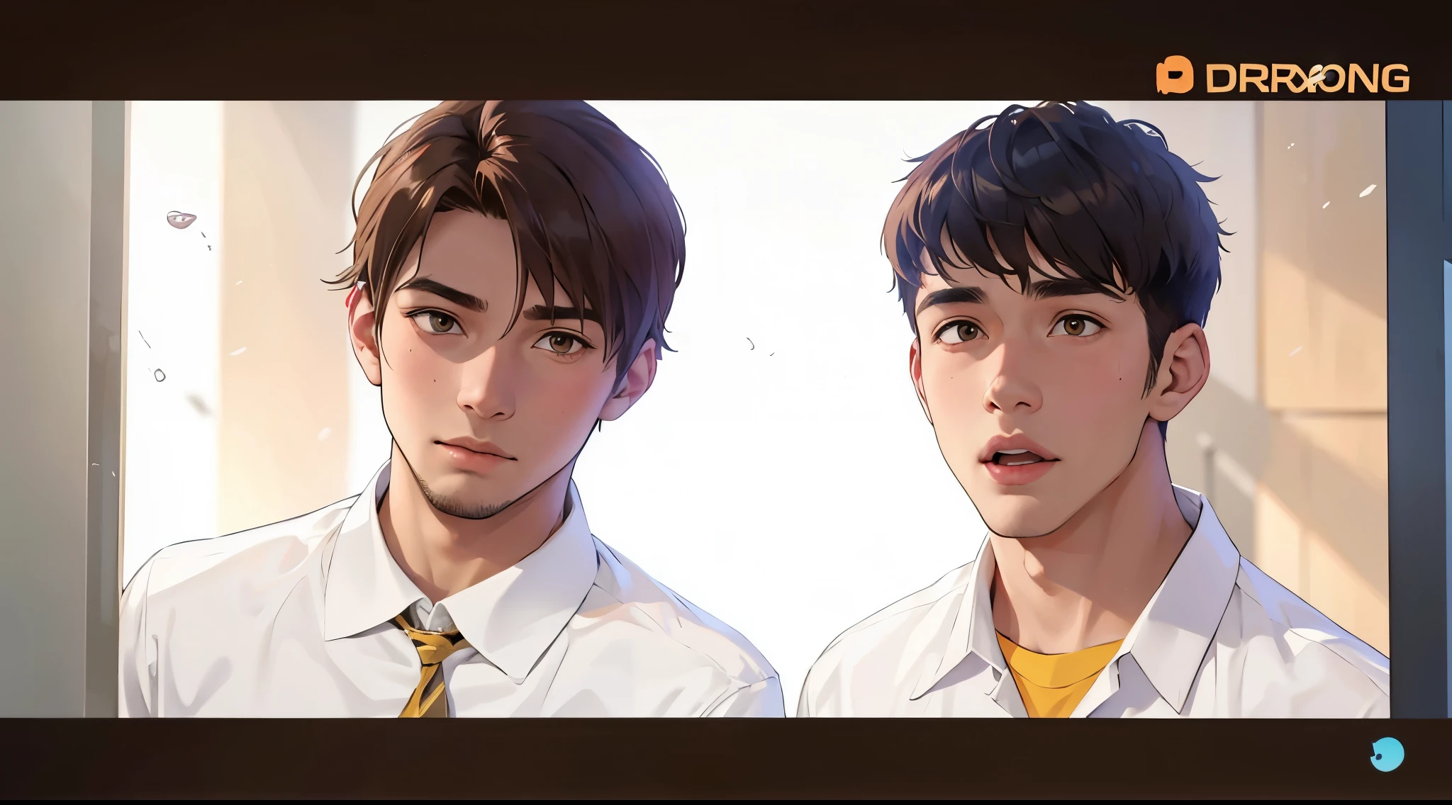 There are two cute -yeld bowith brown shirts and no beards.