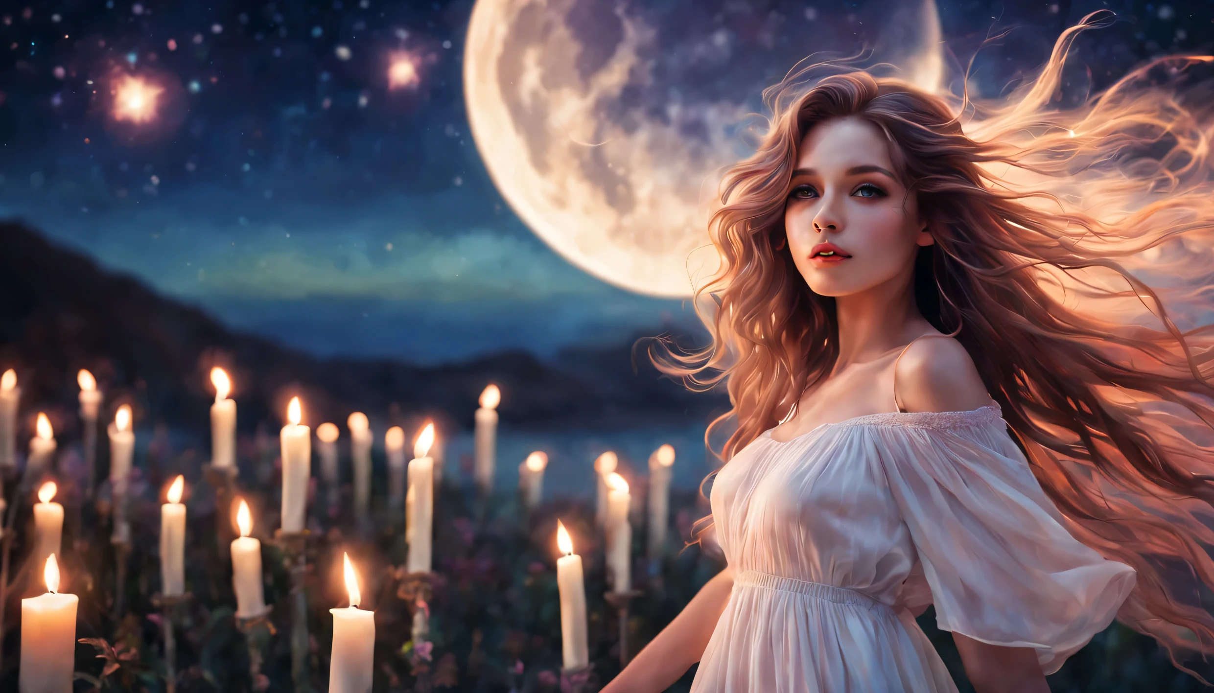 (melhor qualidade,high resolution),lindos olhos detalhados,beautiful detailed lips,long flowing hair,Rosto extremamente detalhado,vestido curto branco,Waves in the wind,bright moon lit by neon,mystical atmosphere,velas tremeluzentes,estrelas cadentes,cores vivas,ambiente de sonho,brilho luminoso,ethereal atmosphere,Extravagant scenery,paisagem serena