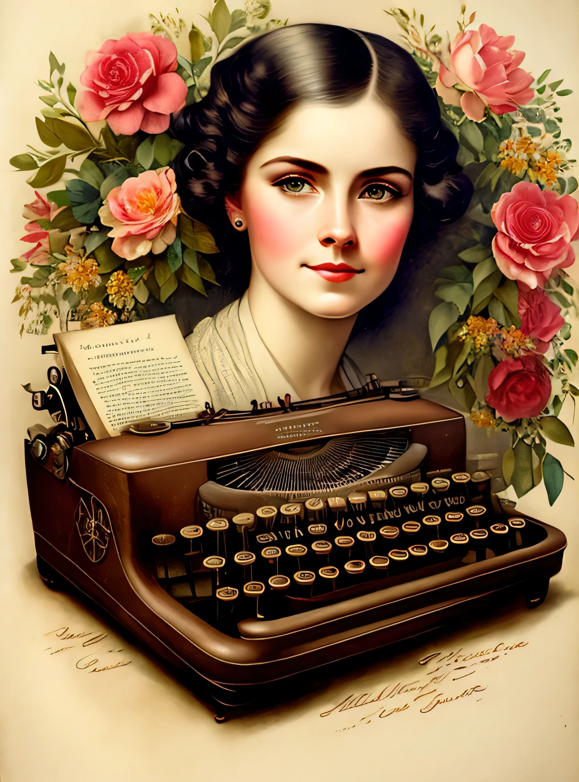 Charlie Bowater lithograph sketch realistic portrait of a vintage typewriter, Flores, [engrenagens], tubos, dieselpunk, fitas multicoloridas, textura de papel velho, altamente detalhado