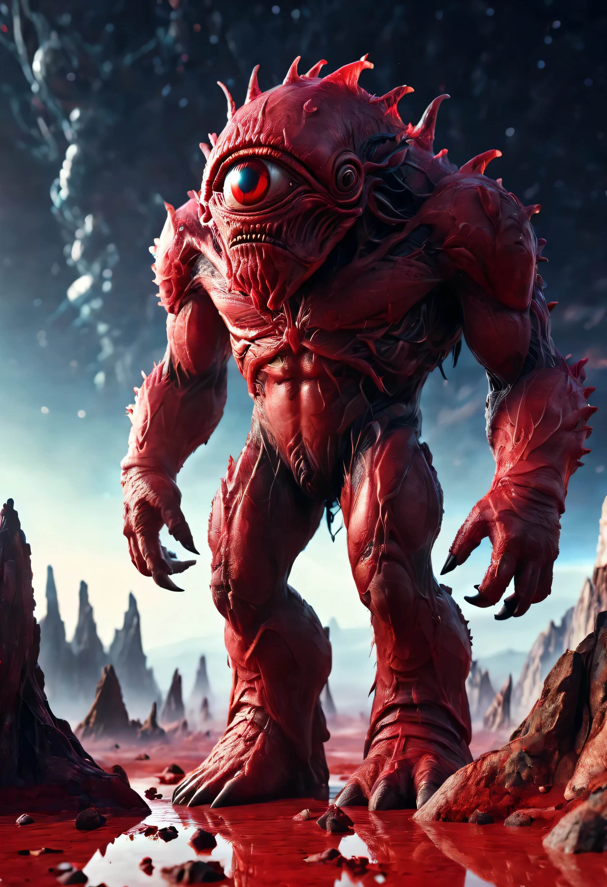 giant cyclops monster on alien planet with view over red galaxy and light reflections, subsurface scattering, cinematic cosmic 3d render octane highres high-saturation, 