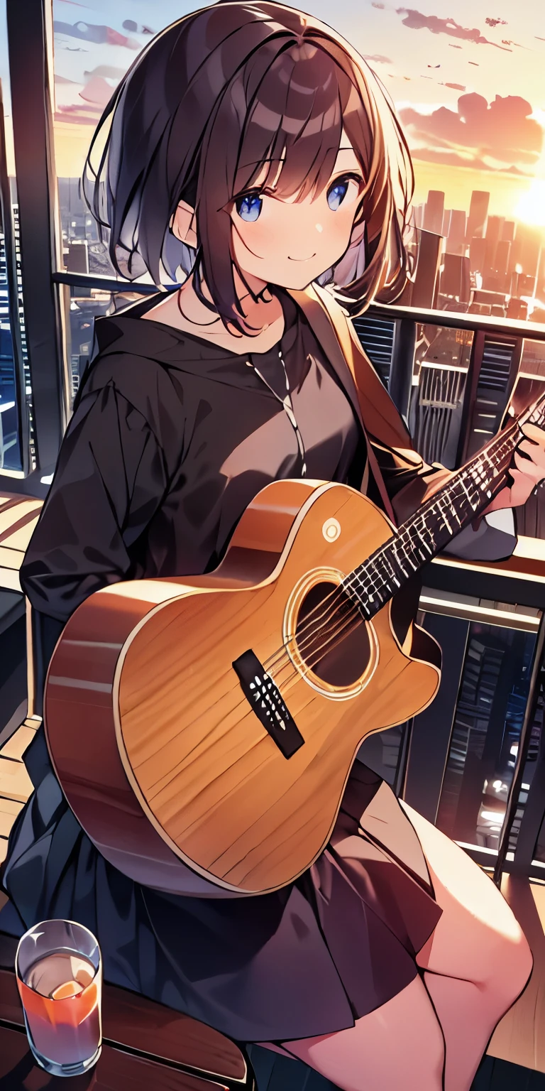 table top, highest quality,figure, wallpaper, ultra detail, absurd, girl, alone, (medium short hair、play the guitar、Smile、Overlooking the city from the top of the hill、the sunset is beautiful