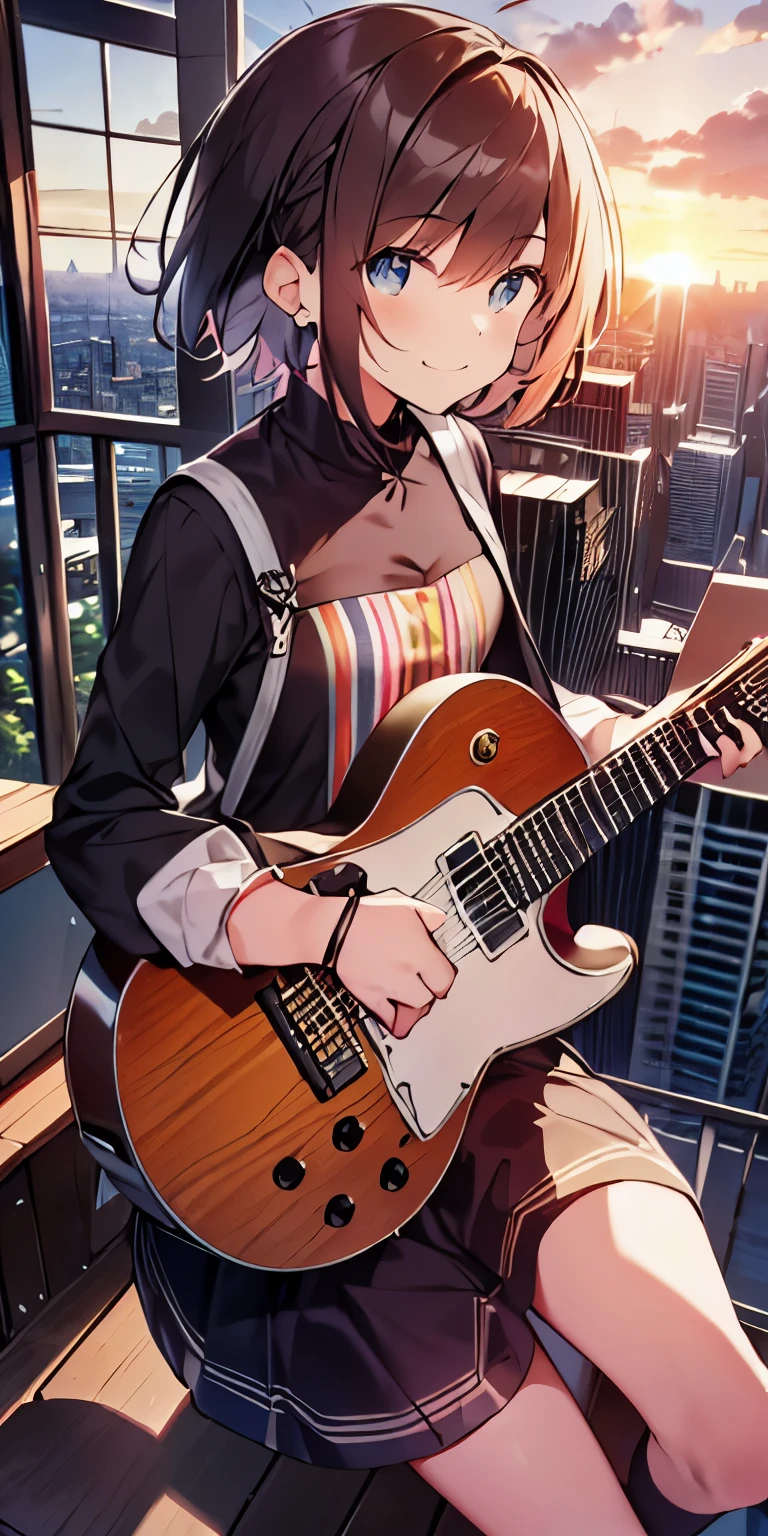 table top, highest quality,figure, wallpaper, ultra detail, absurd, 16 year old girl, alone, (medium short hair、play the guitar、Smile、Overlooking the city from the top of the hill、the sunset is beautiful