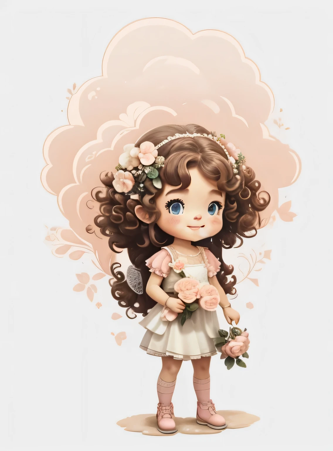 Generate image of a Bonitinho fairy princess, curly hair standing full body, ansioso, segurando flores em aquarela, sorridente;, vestido floral branco e rosa com babado rosa, alta qualidade, com fundo png, 16k, clear image , Bonitinho,