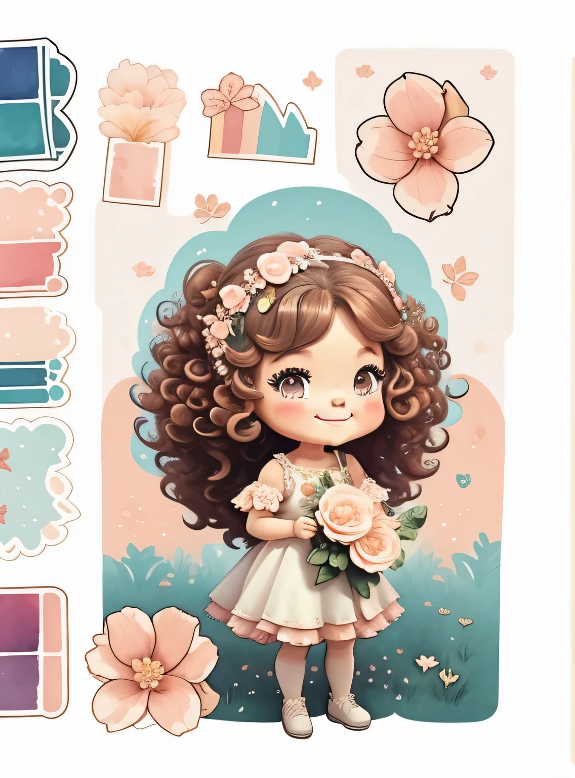 Generate image of a Bonitinho fairy princess, curly hair standing full body, ansioso, segurando flores em aquarela, sorridente;, vestido floral branco e rosa com babado rosa, alta qualidade, com fundo png, 16k, clear image , Bonitinho,