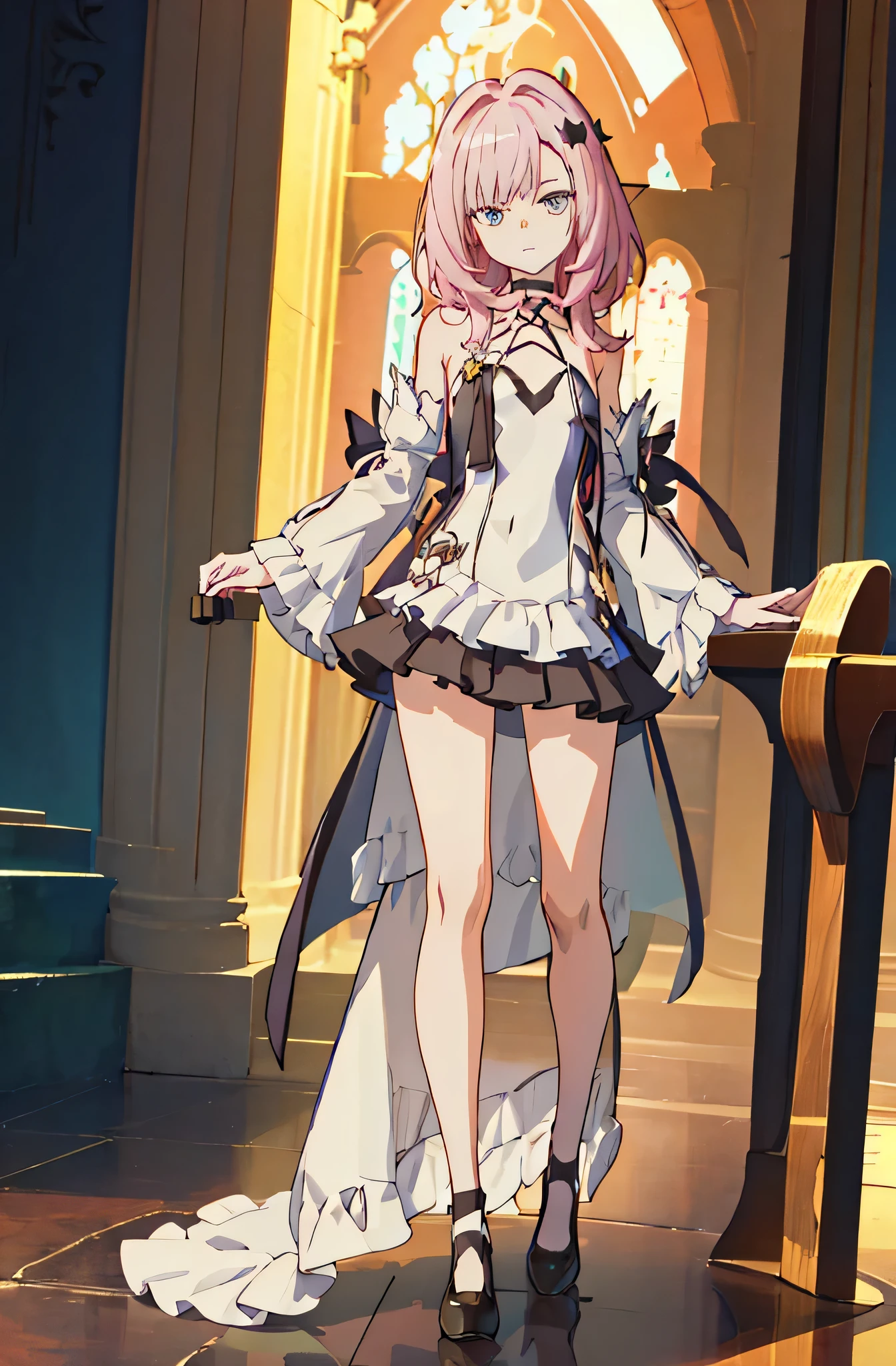 Pure, 1 girl, high quality, 最high quality, shape, masterpiece, (very detailed:1.2), (very detailed:1.3), flat chest, bare shoulders, Gothic ta, young girl, white dress, looking at the viewer, short skirt, ((red long hair)),((Cathedral background)),whole body,whole body,Are standing,Cathedral,church,