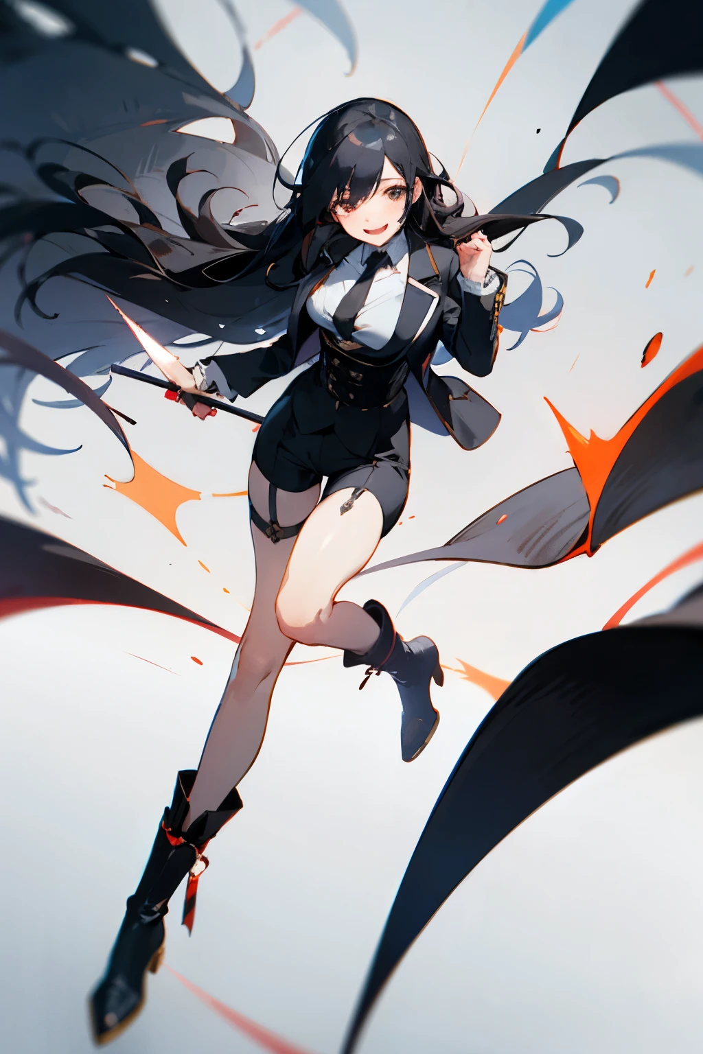 mafia,black suit,black shorts,White tie,boots,black hair,long hair that reaches waist,smile,Drooping eyes,Marume,cute,garter ring,whole body