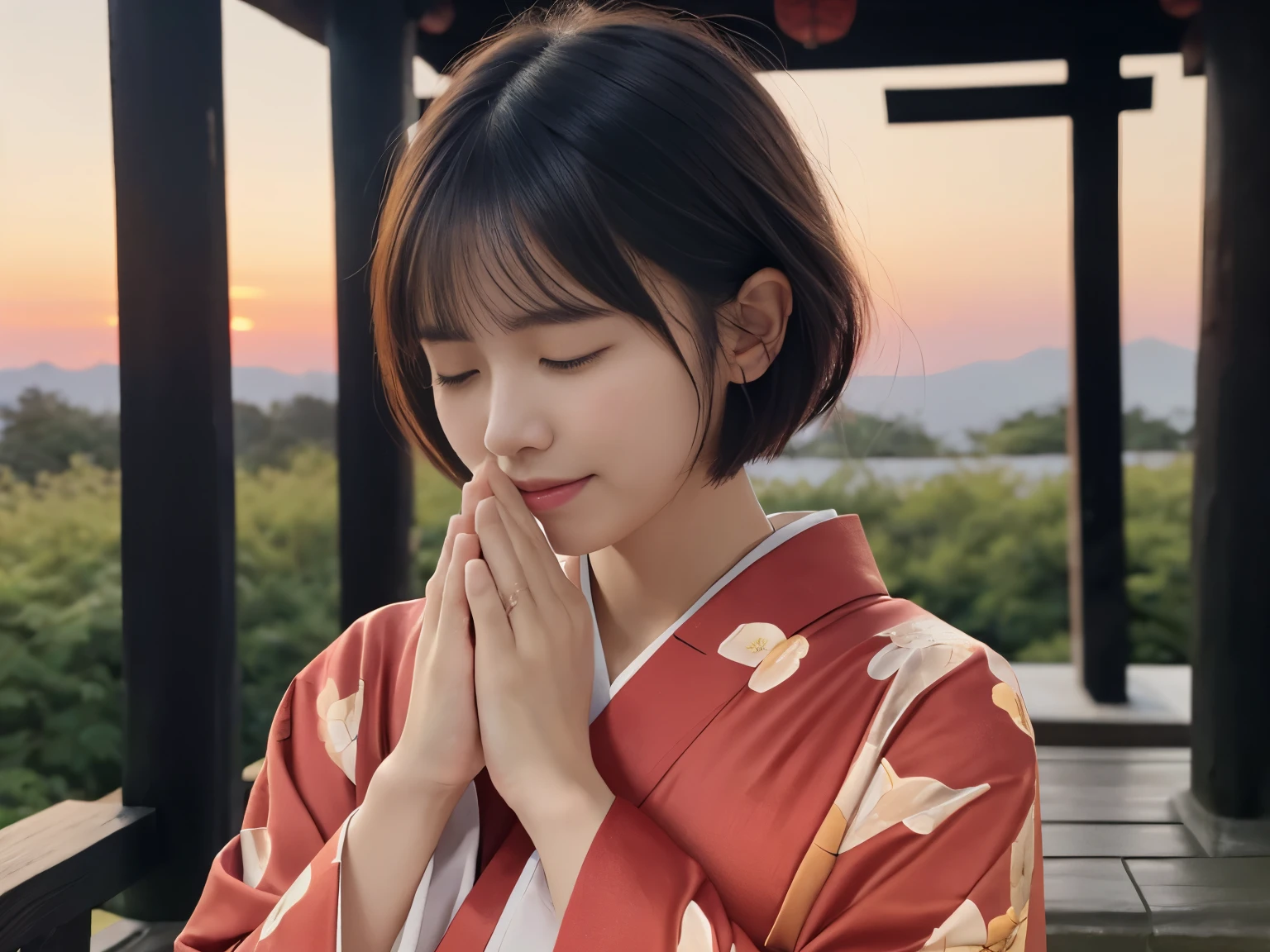 (Close up portrait of short haired woman with blunt bangs wearing beautiful colorful kimono。:1.5)、(A woman prays with her eyes closed and her hands clasped together at a Japanese shrine:1.5)、(blurred background:1.5)、(beautiful winter sunset red sky:1.5)、(perfect anatomy:1.3)、(no mask:1.3)、(full finger:1.3)、realistic、photograph、table top、highest quality、High resolution, delicate and beautiful、perfect face、beautiful and fine eyes、Fair skin、real human skin、pores、((thin legs))、(black hair)