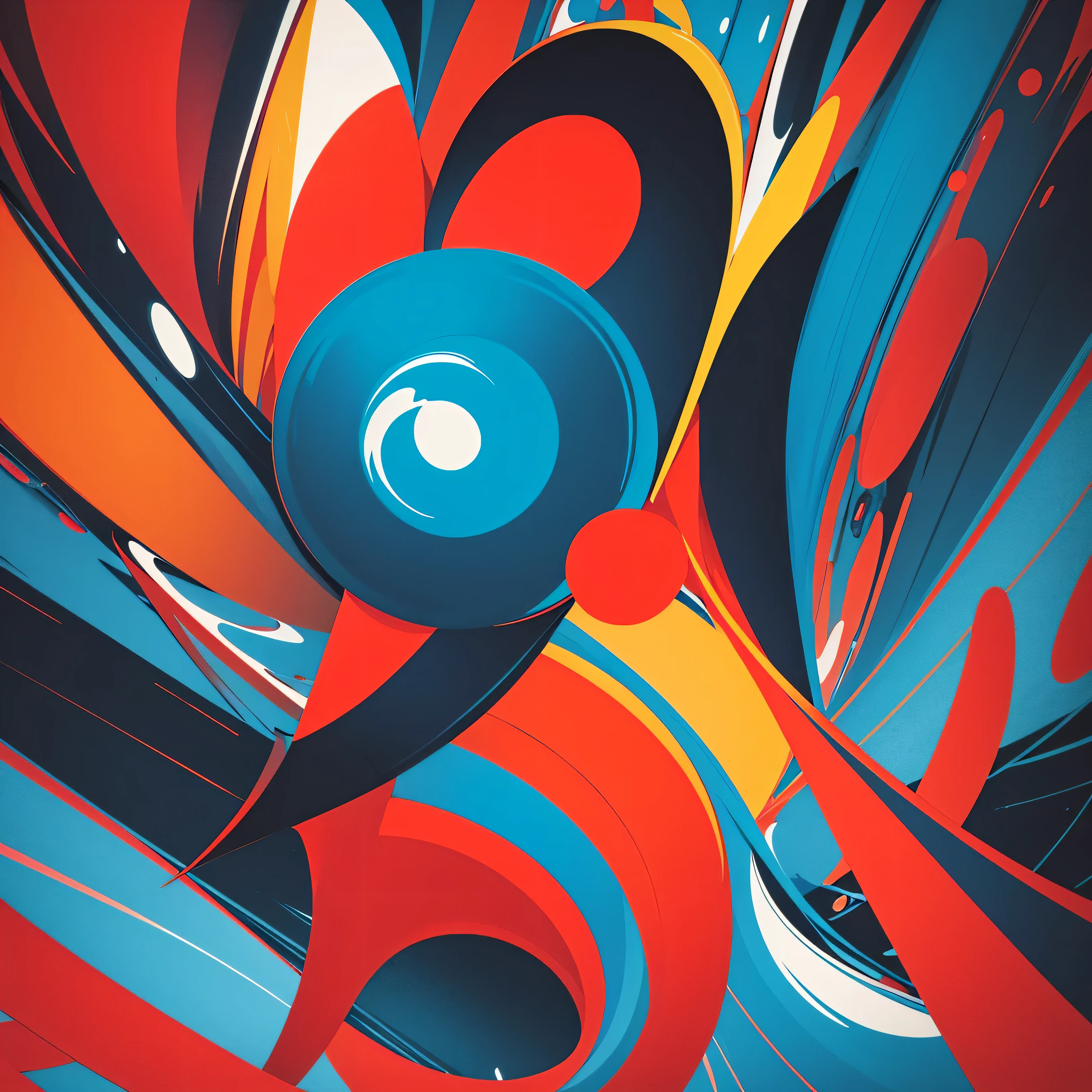 Create abstract image with lines and circles with colors, vermelho claro, azul claro, laranja, cinza branco e preto fosco, lembrando universo, capa arte abstrata