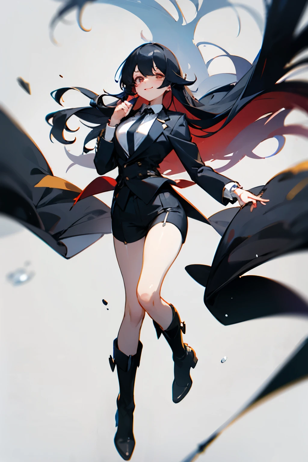 mafia,black suit,black shorts,White tie,boots,black hair,long hair that reaches waist,smile,Drooping eyes,Marume,cute,garter ring,whole body