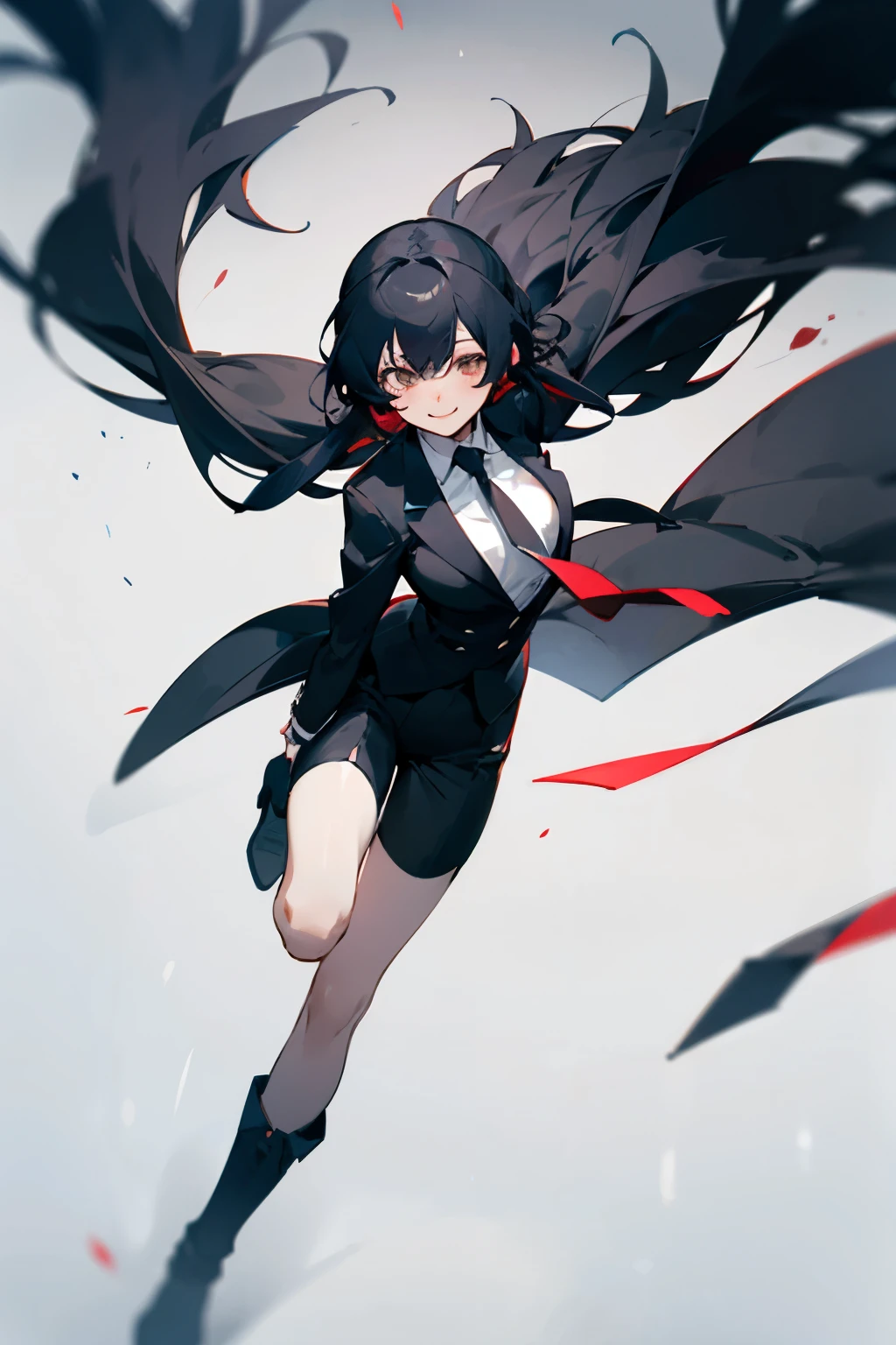 like mafia,black suit,black shorts,White tie,boots,black hair,long hair that reaches waist,smile,Drooping eyes,Marume,cute,garter ring,whole body