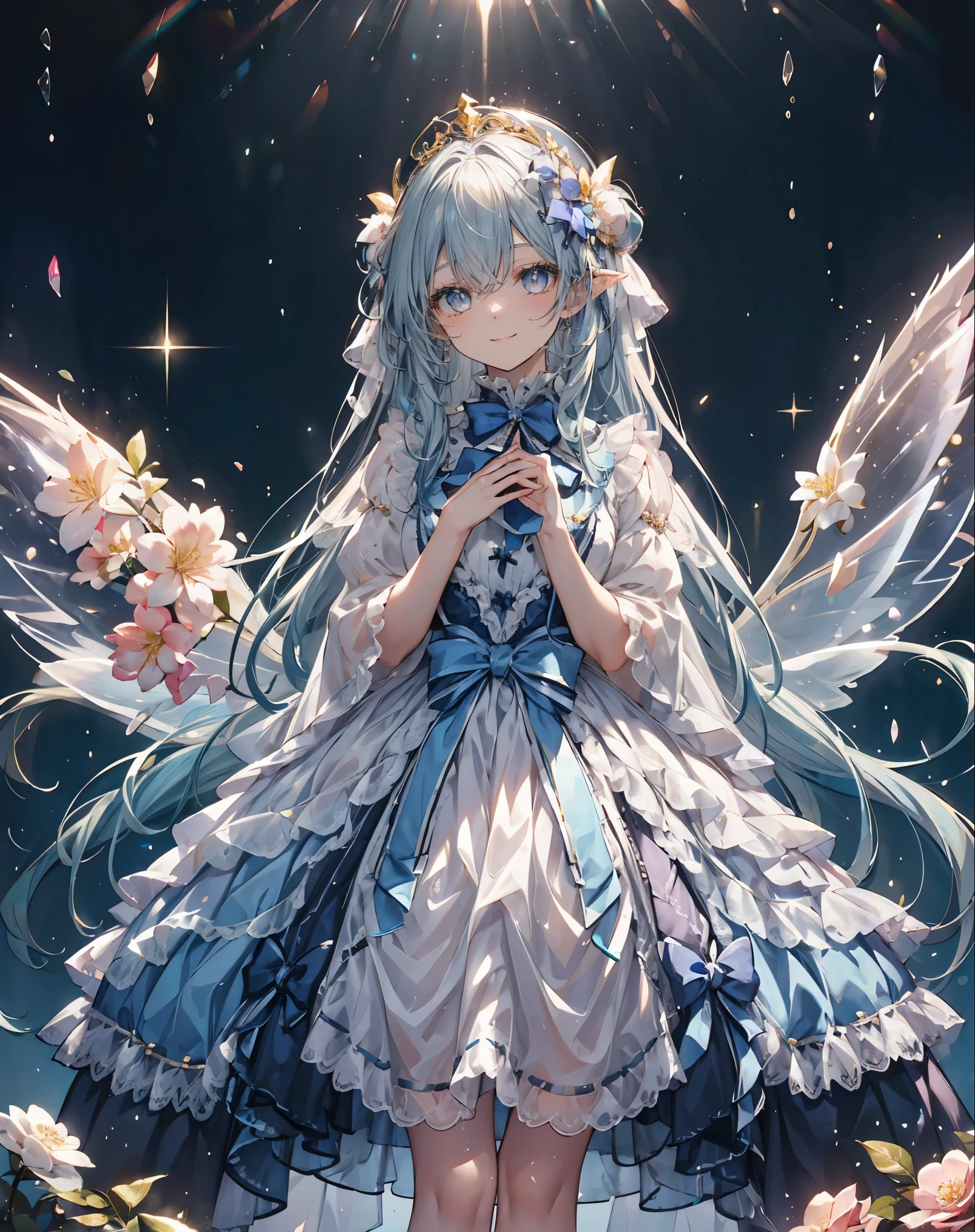 best quality, insanely detailed, beautiful, exquisite, 16K, Full-HD, absurdres,soft expression,((light smile,Happy:1.5))((Sparkling fluffy layered ball gown)),A large and beautiful dress inspired by rose flowers, lots of flowers、frills、Intricate billowing ball gown with rhinestones ( table top, art station, fantasy art:1.2), See here,Standing with an elegant smile，pastel colour,((giant white fairy wings))、gradient hair, light blue hair, hair blowing in the wind, wavy hair,fluffy hair,tiara,lavender eyes, long eyelashes, beautiful eyes、pale pink cheeks,pointed ears, bright pupils, long and thin legs, golden hour, dazzling light, warm lighting,