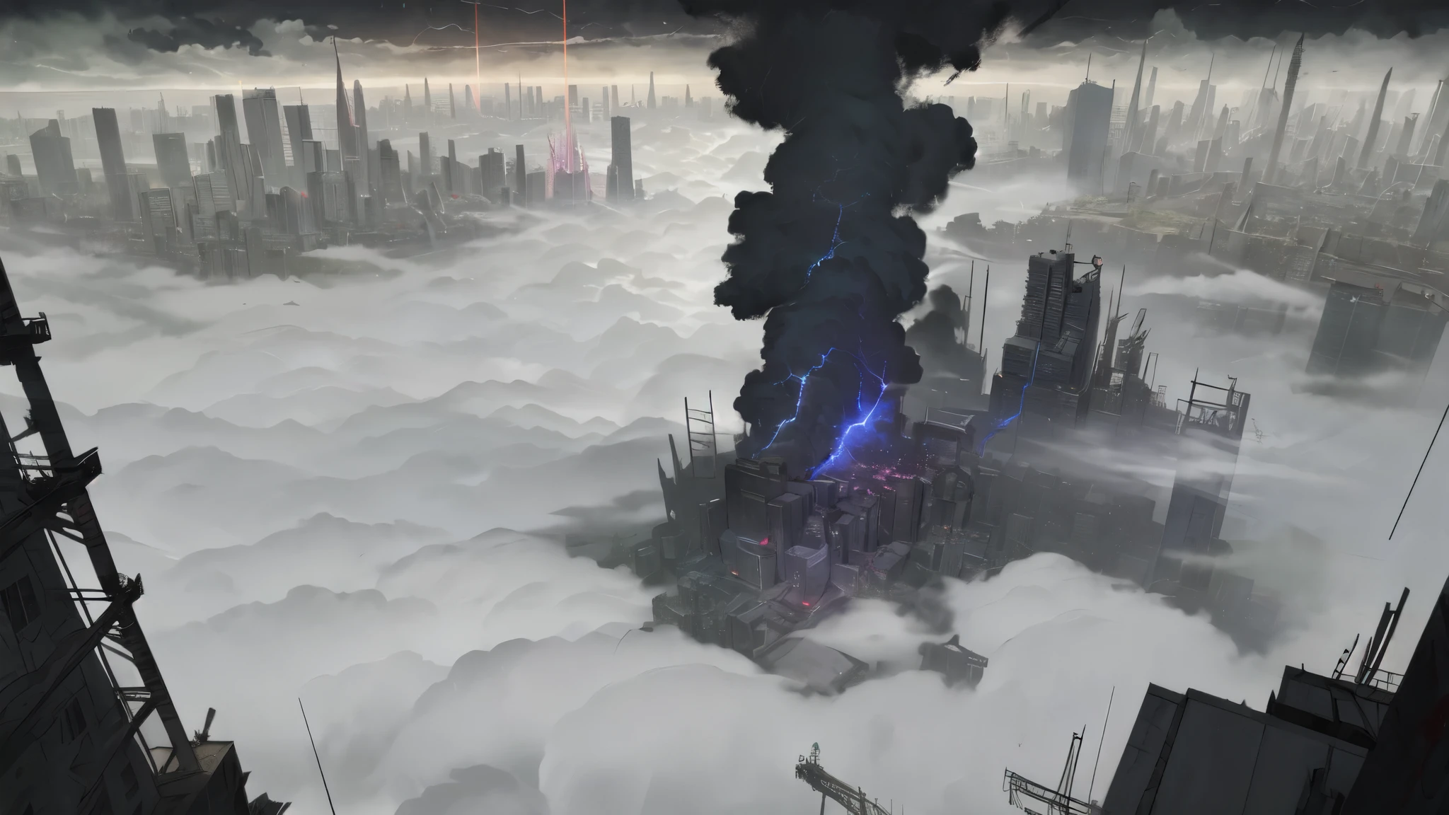anime style destroyed city landscape, several elven towers fell into tokyo, modern archtecture mixed with fantasy, dark embient, post-apocalyptic, covered in a dark mist, cloudy sky with lighting and thunder, eagle eye view, view from above, evangelion, 