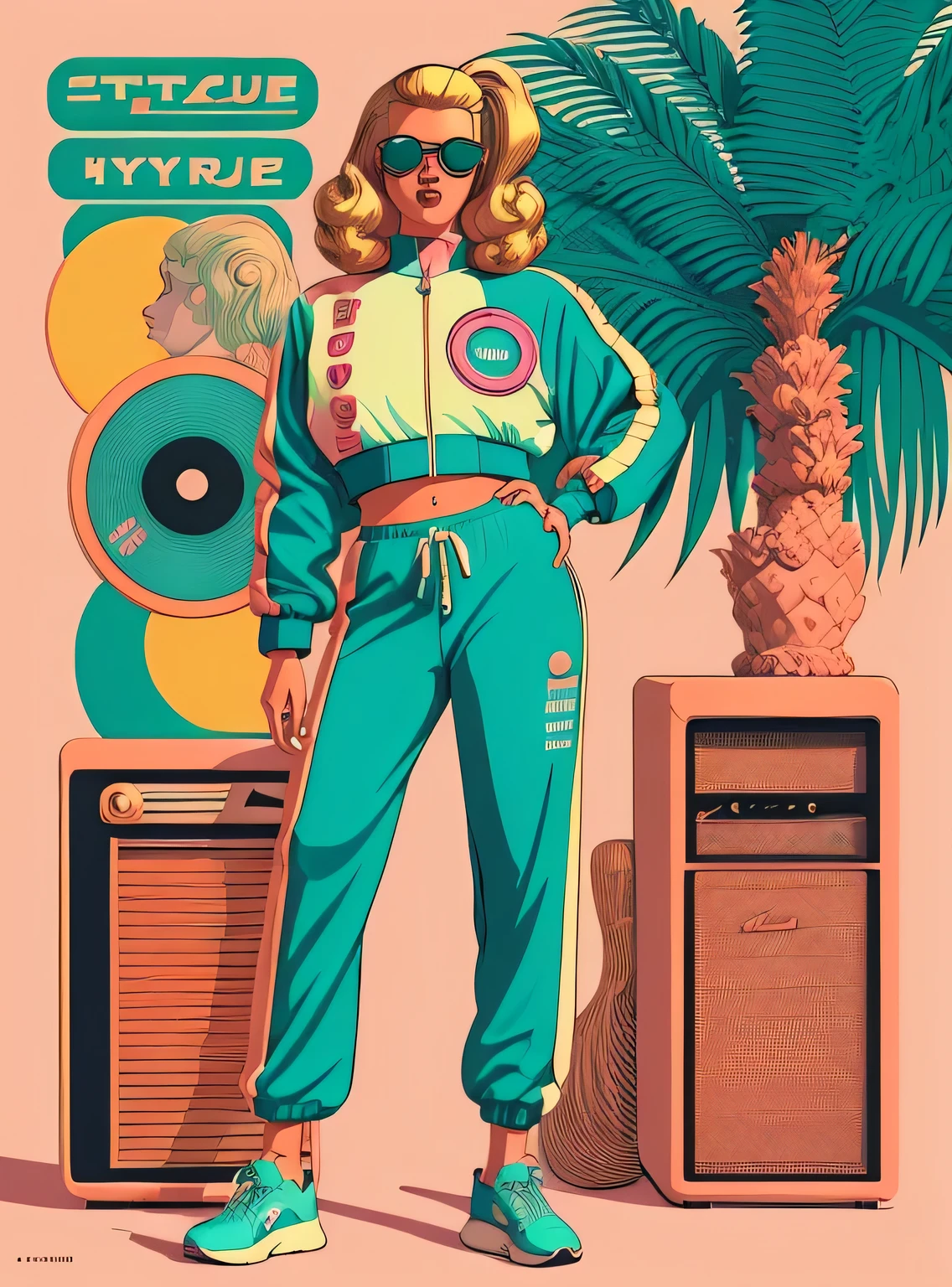 (((retro art style))) ((obra de arte)) Uma garota com cabelo loiro , oculos de sol , retro jacket , retro sweatpants , retrato de corpo inteiro , neutral expression , (Vaporwave aesthetics) , Palmeiras , figura do busto , discos de vinil , letras japonesas , vivid ,,