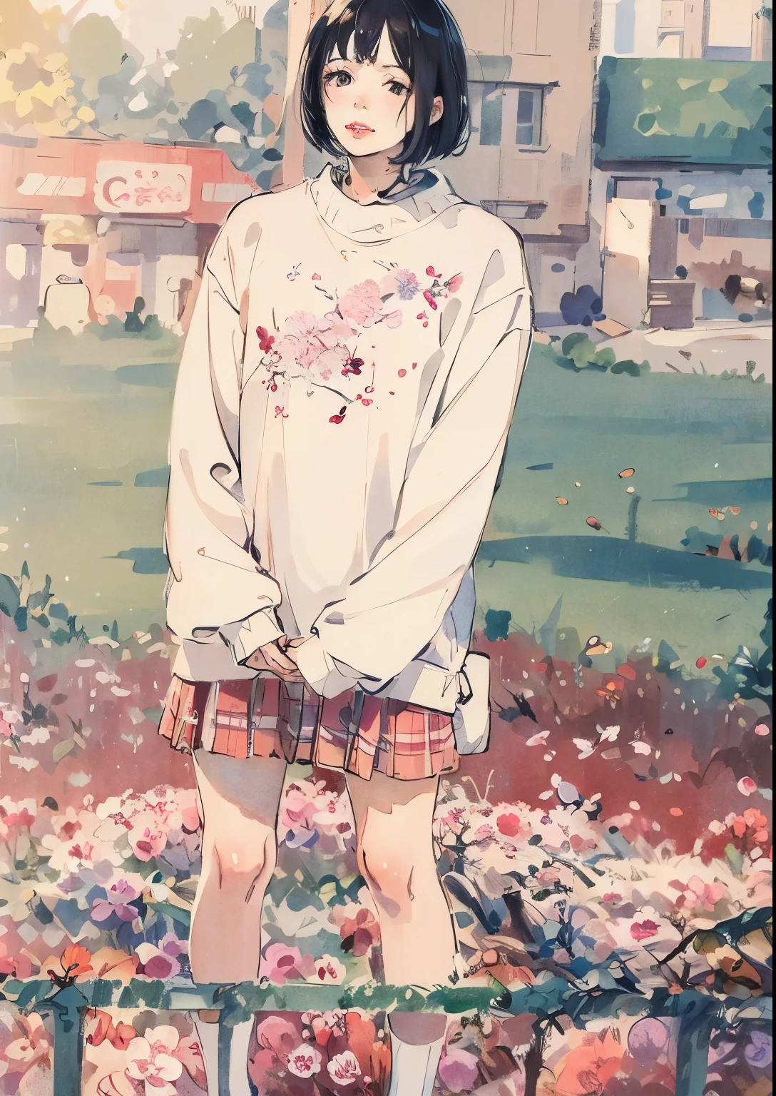 An arafe woman wearing a white sweatshirt and standing in front of a flower field, Designed for a cozy aesthetic!, medium portrait, mid shot portrait, with short hair, Kim Tae Joon, [ realistic pictures ]!!, Detailed image, very very realistic, look at the book, very realistic, lofi girl, looks realistic, Nam Jae Young, long sleeve, she is wearing streetwear,(masterpiece, highest quality: 1.2), traditional chinese ink painting, 