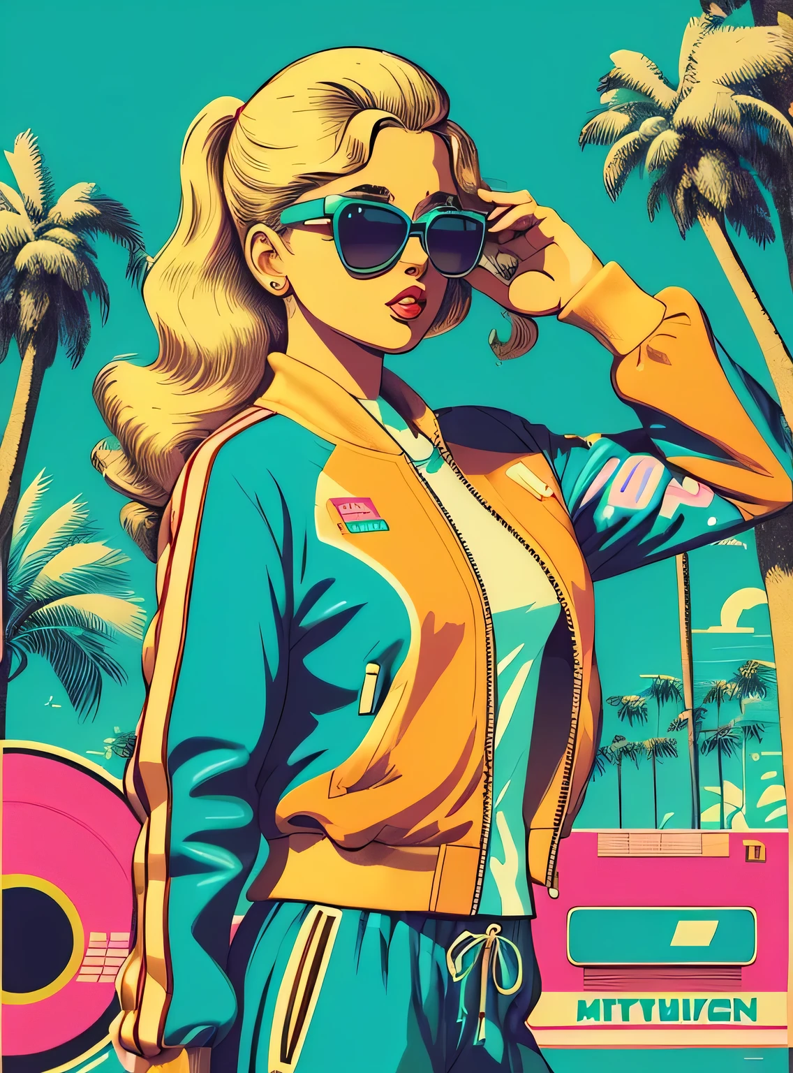 (((retro art style))) ((obra de arte)) Uma garota com cabelo loiro , oculos de sol , retro jacket , retro sweatpants , retrato de corpo inteiro , neutral expression , (Vaporwave aesthetics) , Palmeiras , figura do busto , discos de vinil , letras japonesas , vivid ,, 