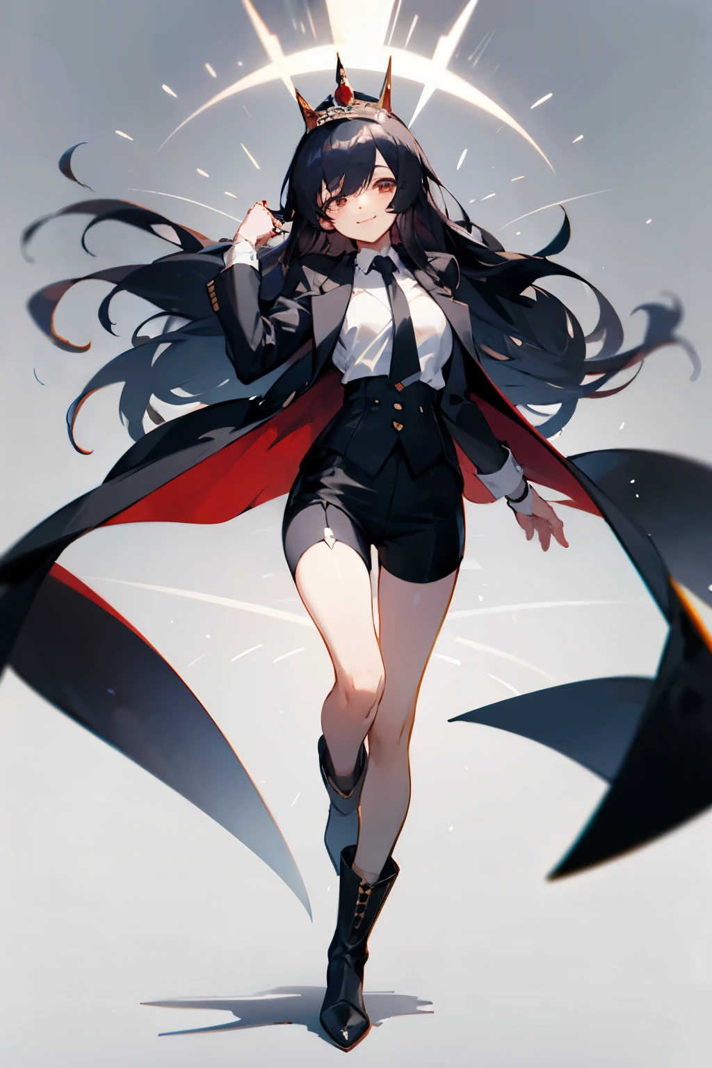 like mafia，black suit，black shorts，White tie，boots，black hair，princess cut，long hair that reaches waist，smile，Drooping eyes，Marume，cute，garter ring，whole body