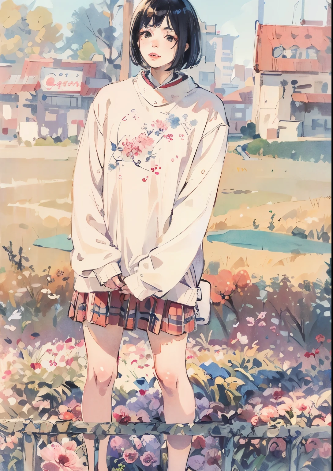 An arafe woman wearing a white sweatshirt and standing in front of a flower field, Designed for a cozy aesthetic!, medium portrait, mid shot portrait, with short hair, Kim Tae Joon, [ realistic pictures ]!!, Detailed image, very very realistic, look at the book, very realistic, lofi girl, looks realistic, Nam Jae Young, long sleeve, she is wearing streetwear,(masterpiece, highest quality: 1.2), traditional chinese ink painting, 