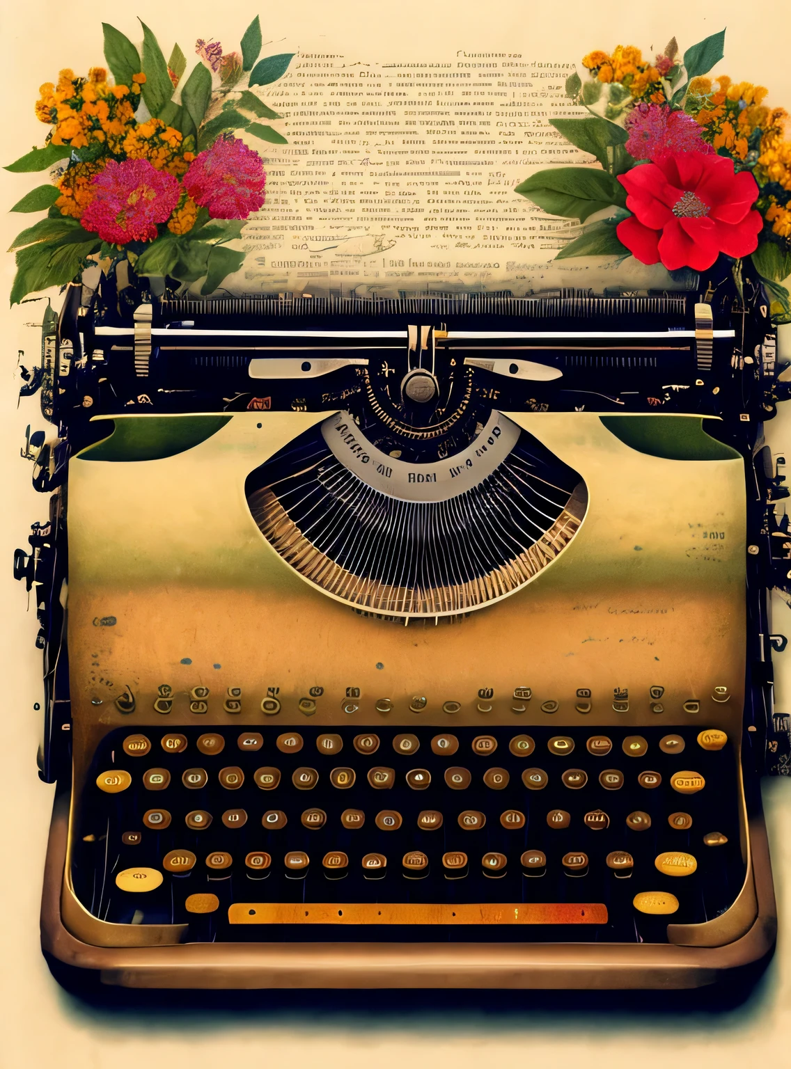 Realistic lithograph sketch portrait of a vintage typewriter, Flores, [engrenagens], tubos, dieselpunk, fitas multicoloridas, textura de papel velho, altamente detalhado