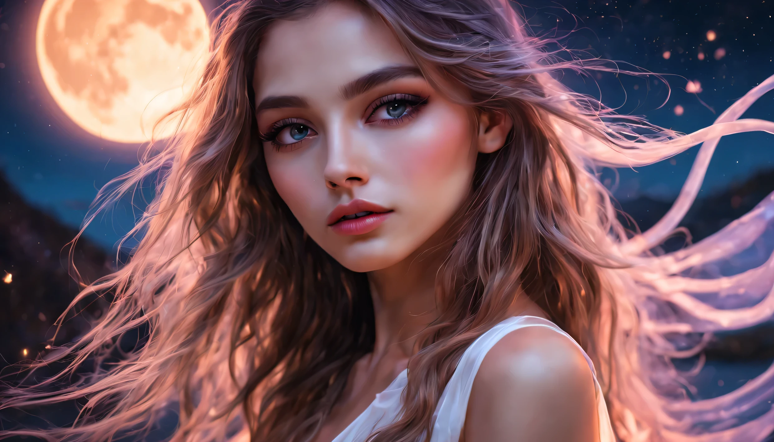 (melhor qualidade,high resolution),lindos olhos detalhados,beautiful detailed lips,long flowing hair,Rosto extremamente detalhado,vestido curto branco,Waves in the wind,bright moon lit by neon,mystical atmosphere,velas tremeluzentes,estrelas cadentes,cores vivas,ambiente de sonho,brilho luminoso,ethereal atmosphere,Extravagant scenery,paisagem serena