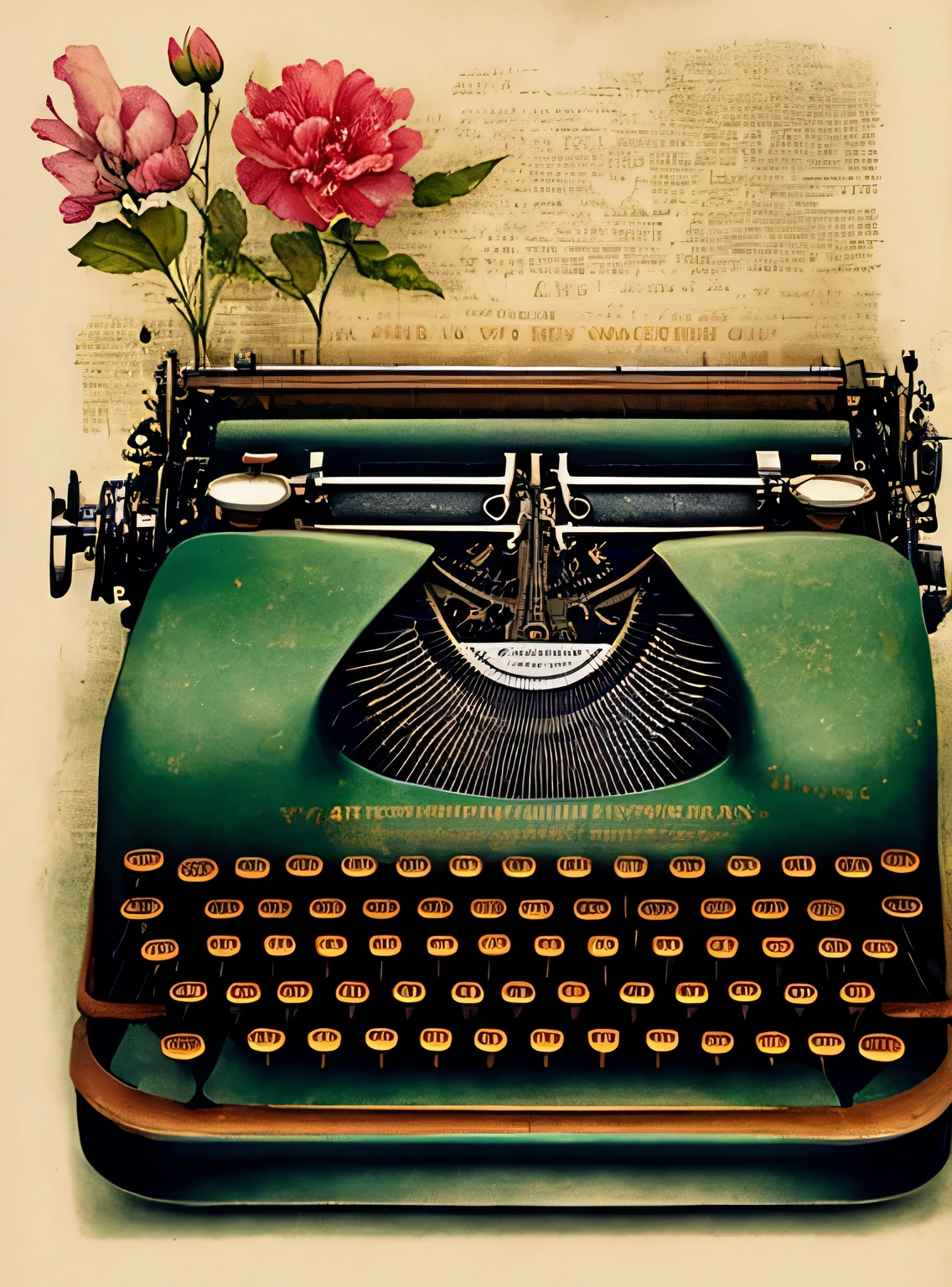 Realistic lithograph sketch portrait of a vintage typewriter, Flores, [engrenagens], tubos, dieselpunk, fitas multicoloridas, textura de papel velho, altamente detalhado