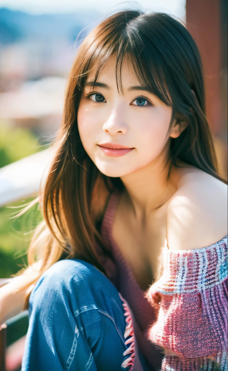 1girl, (looking at viewer), (bokeh:1.1), closed mouth,light smile, realistic, off shoulder,
pants, skyline,
best quality, (photorealistic:1.4), ultra highres, llfMasami Nagasawa