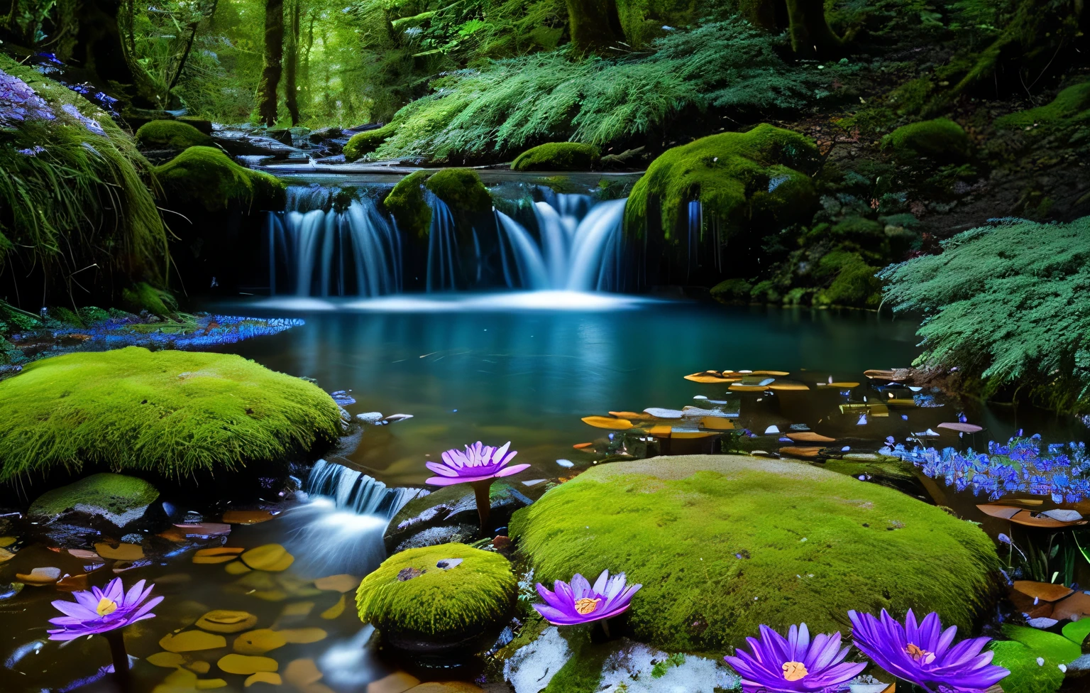 pond, spring, waterfall, lots of blues and purples, lots of glowing crystals, lush moss and flowers, mushrooms, extremely detailed, 8k, award winning photography, trending, enchanting, mystical, alien