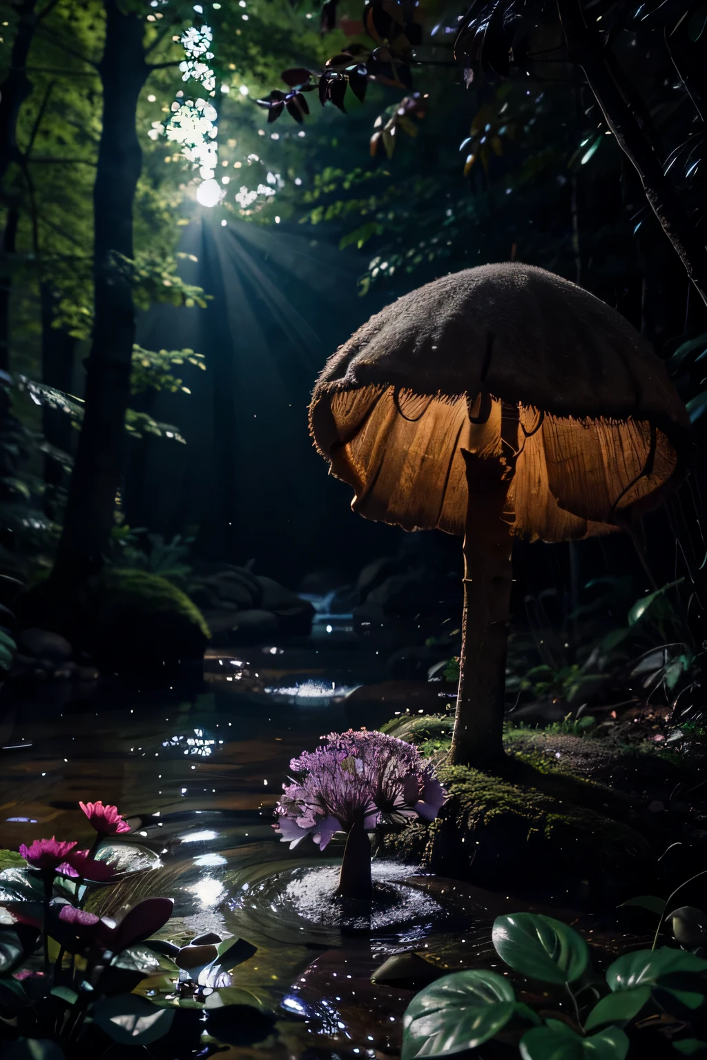 crytsal clusters glowing, real, detailed, 8k, highquality, an enchanting and dreamy scene of fantasy/alien forest, creating a sense of mystique and enchantment, award winning photography, depth of field, glowing colorful crystals, flowers, mushrooms, water, horizon, stream, spring