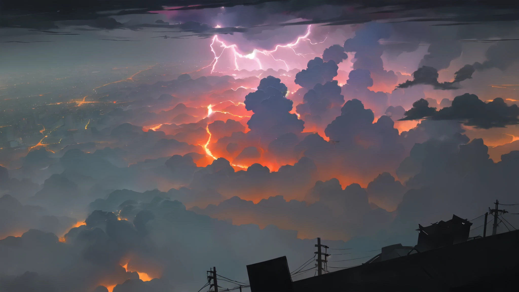 anime style dark cloud engulfing tokyo, dark embient, post-apocalyptic, city covered in a dark mist, cloudy sky with lighting and thunder, eagle eye view, view from above, evangelion,