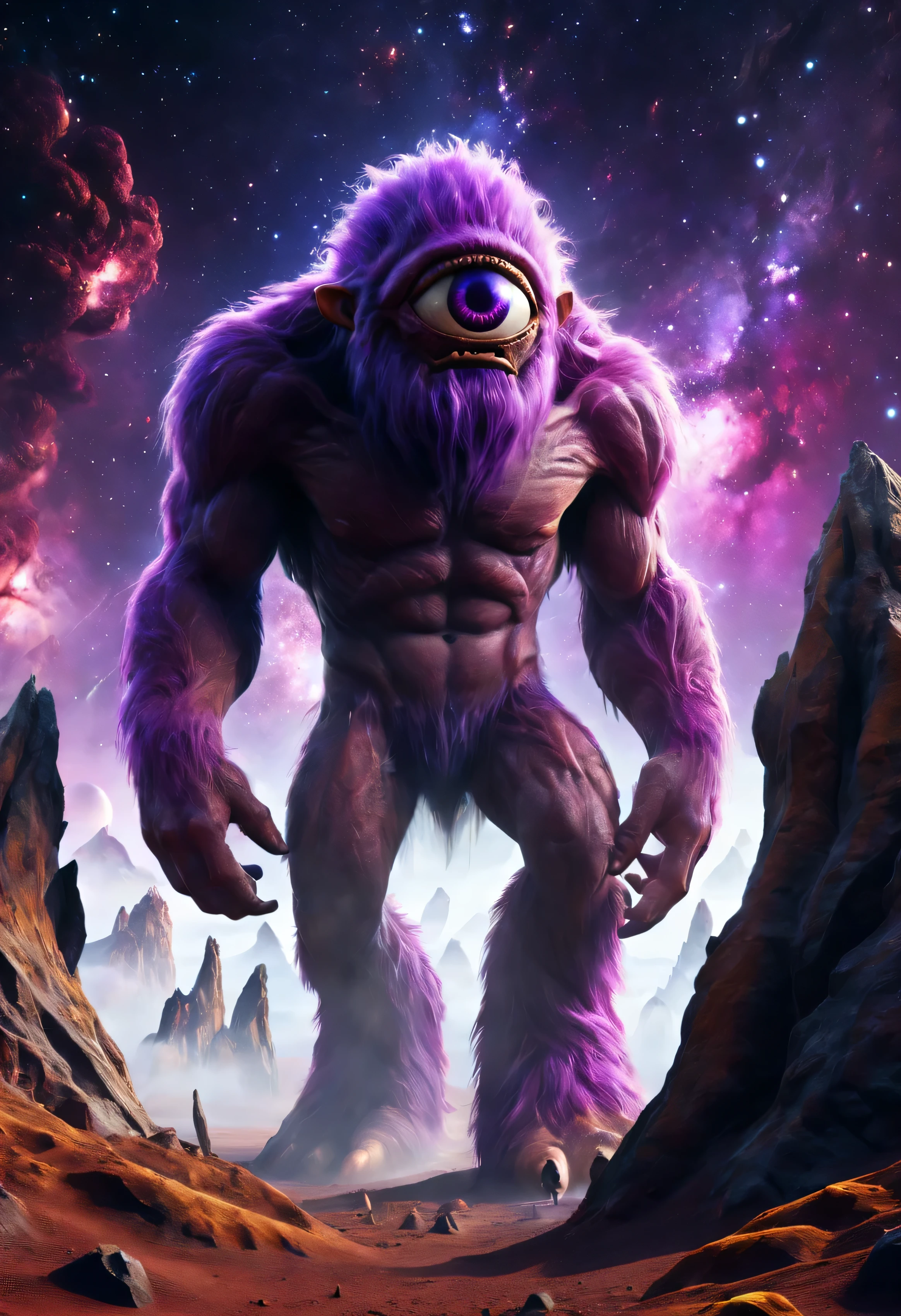 giant cyclops monster on alien planet with view over purple galaxy and light reflections, walking, subsurface scattering, cinematic cosmic 3d render octane highres high-saturation, 