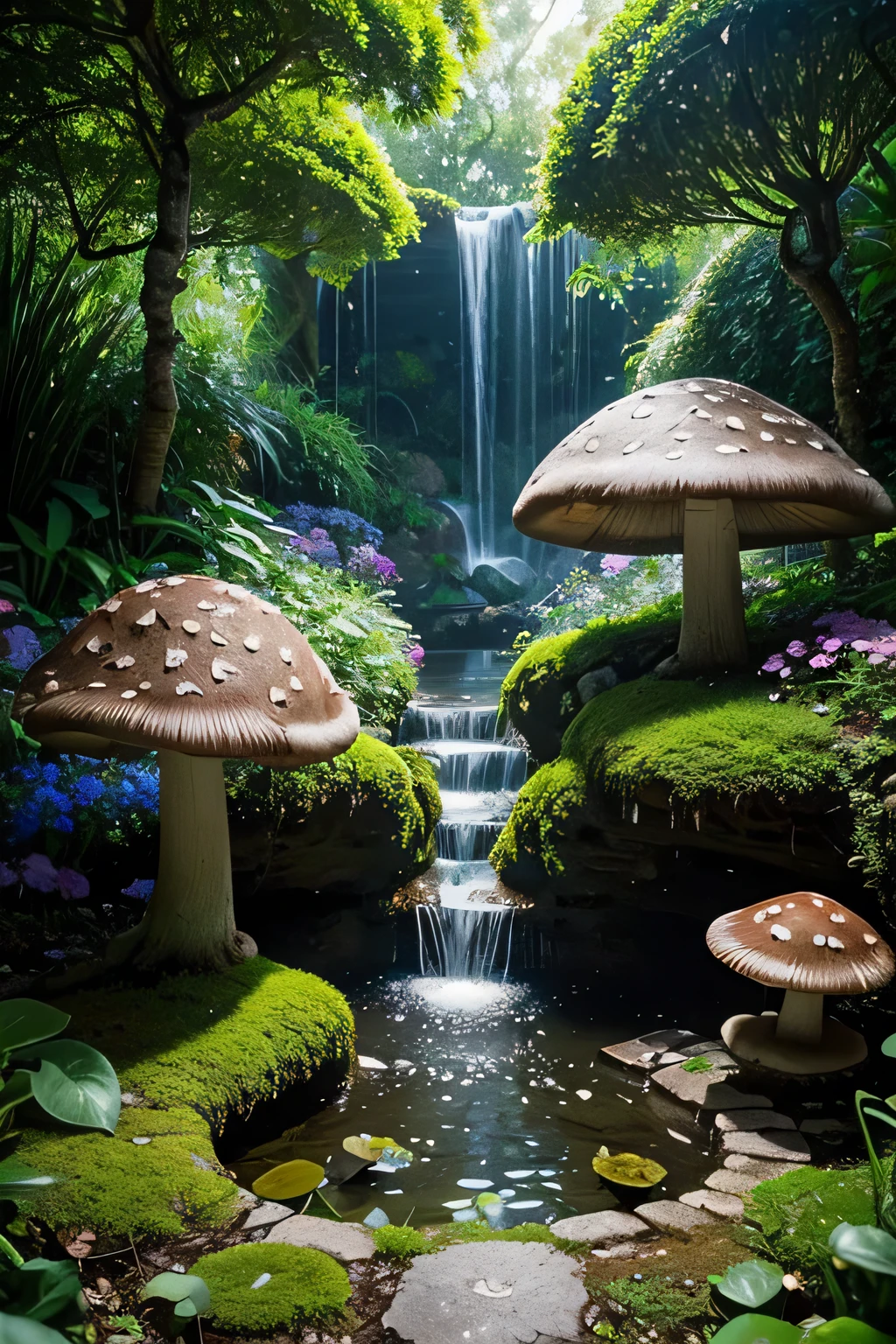 secret garden on a secluded island with crytsal clusters, glowing mushrooms, lush alien vegetation, enchanting, mystical, flowers, stream, fountain