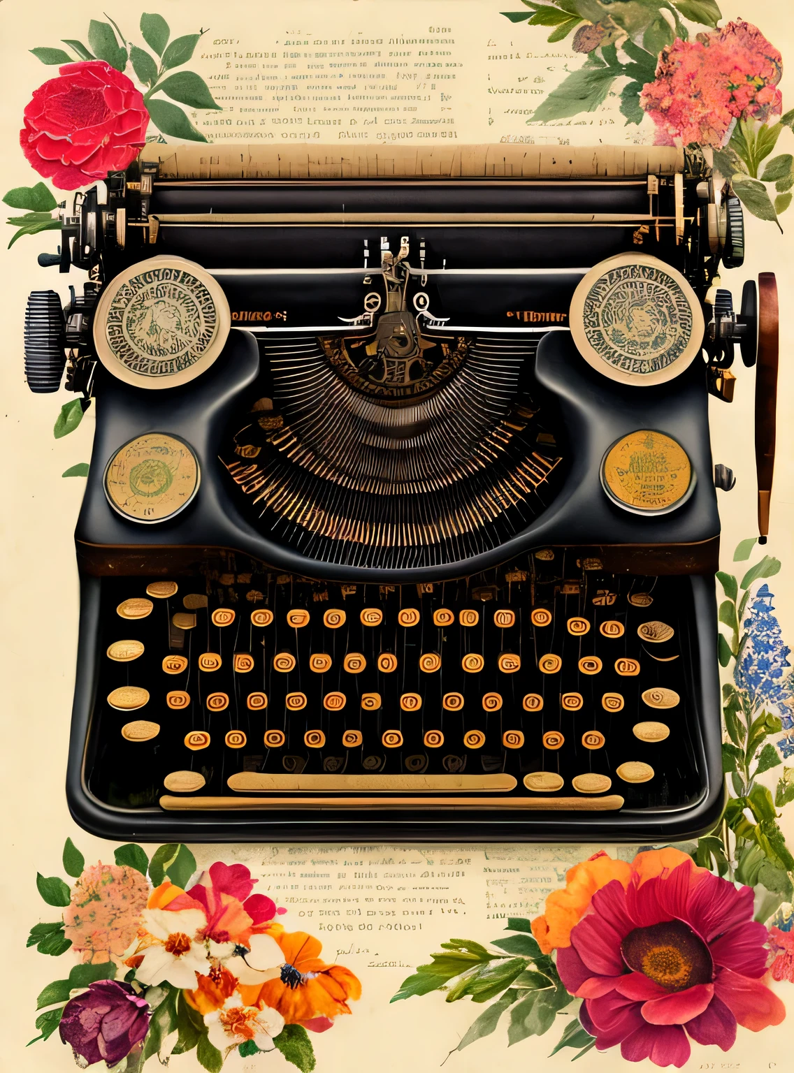 Realistic lithograph sketch portrait of a vintage typewriter in the center, rodeado de flores, [engrenagens], tubos, dieselpunk, fitas multicoloridas, textura de papel velho, altamente detalhado