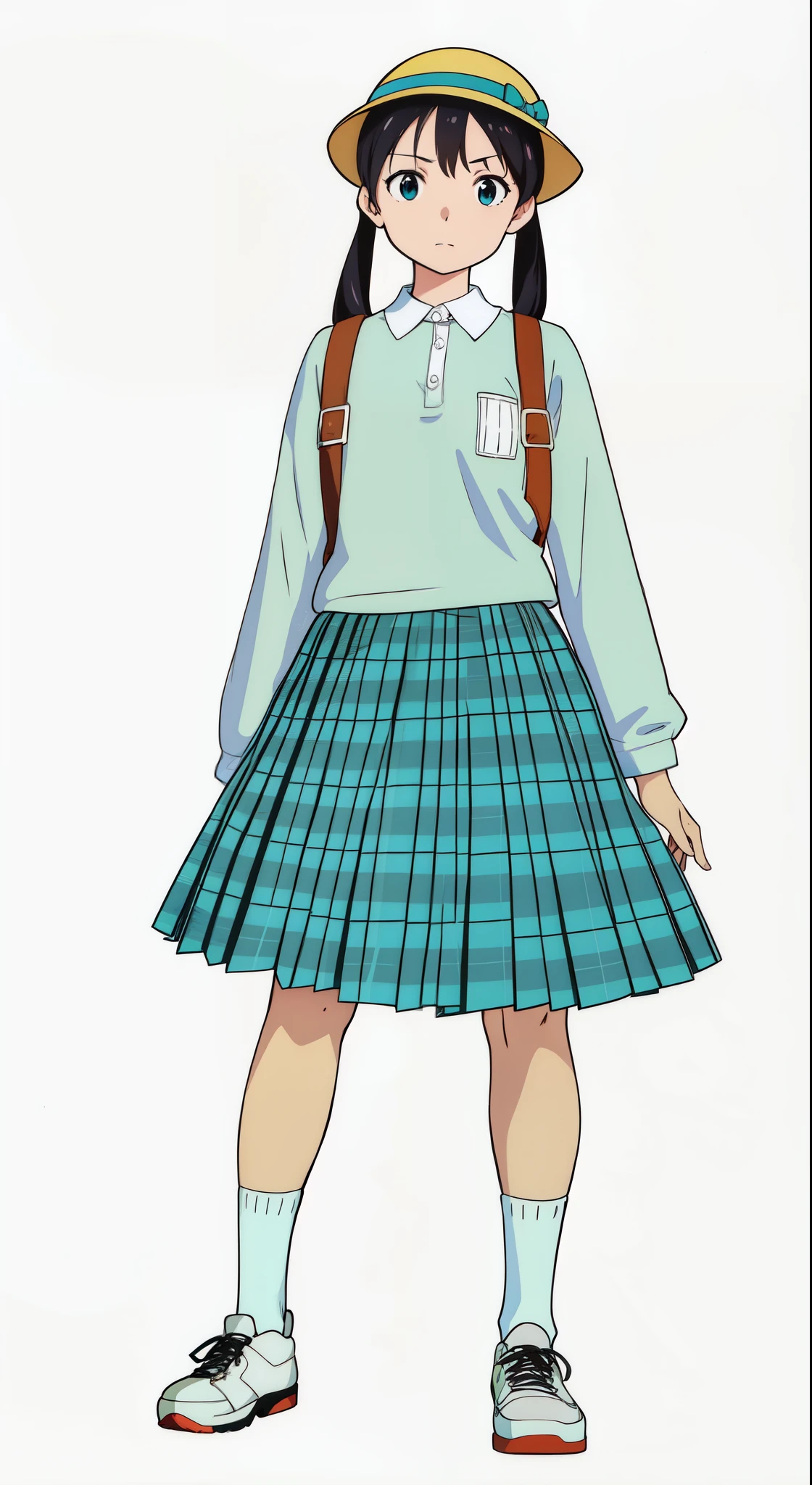 (white background:1.0), (best quality:1.0), (masterpiece:1.0), (super fine illustration:1.0), (beautiful artwork:1.0), (anime screencap:1.0), (official art:1.0), (full body:1.0), (solo:1.0), (ESGA:1.0), (a 12yo cute girl:1.25), (yellow hat:1.0), (red backpack:1.0), (long skirt:1.0), (green tartan skirt:1.0), (pleated skirt:1.0), (aqua blue polo shirt:1.0), (long sleeve polo shirt:1.0), (sneakers:1.0), (white socks:1.0), (ideal ratio body proportions:1.25), (lanky:1.25), (tall:1.25), (slender:1.25), (small breasts:1.25), (smaller face:1.25), (tareme:1.0), (detailed beautiful eyes:1.25), (detailed beautiful face:1.25), (glowing black eyes:1.0), (short hair:1.0), (low twintails:1.0), (black hair:1.0), (standing:1.0), (looking at viewer:1.0)