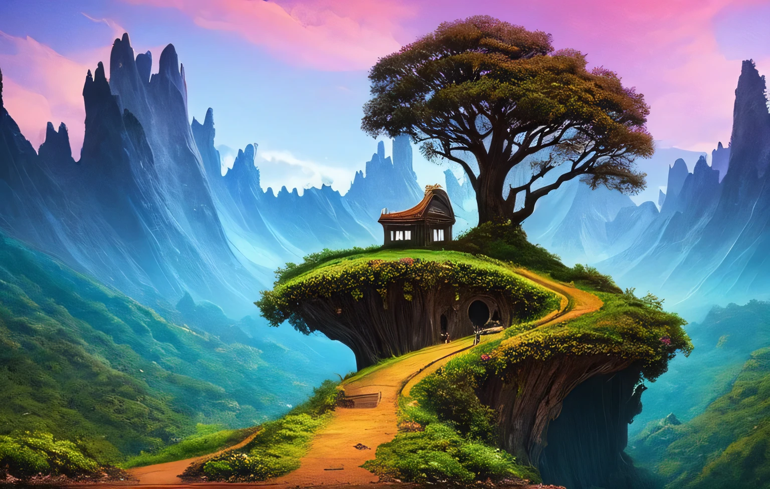 A mystical and epic landscape, featuring a fantastical and surreal world of floating islands, giant trees, and mythical creatures, that transport the viewer to a world of imagination and wonder, artstation, digital art, intricate, trending, bright colors