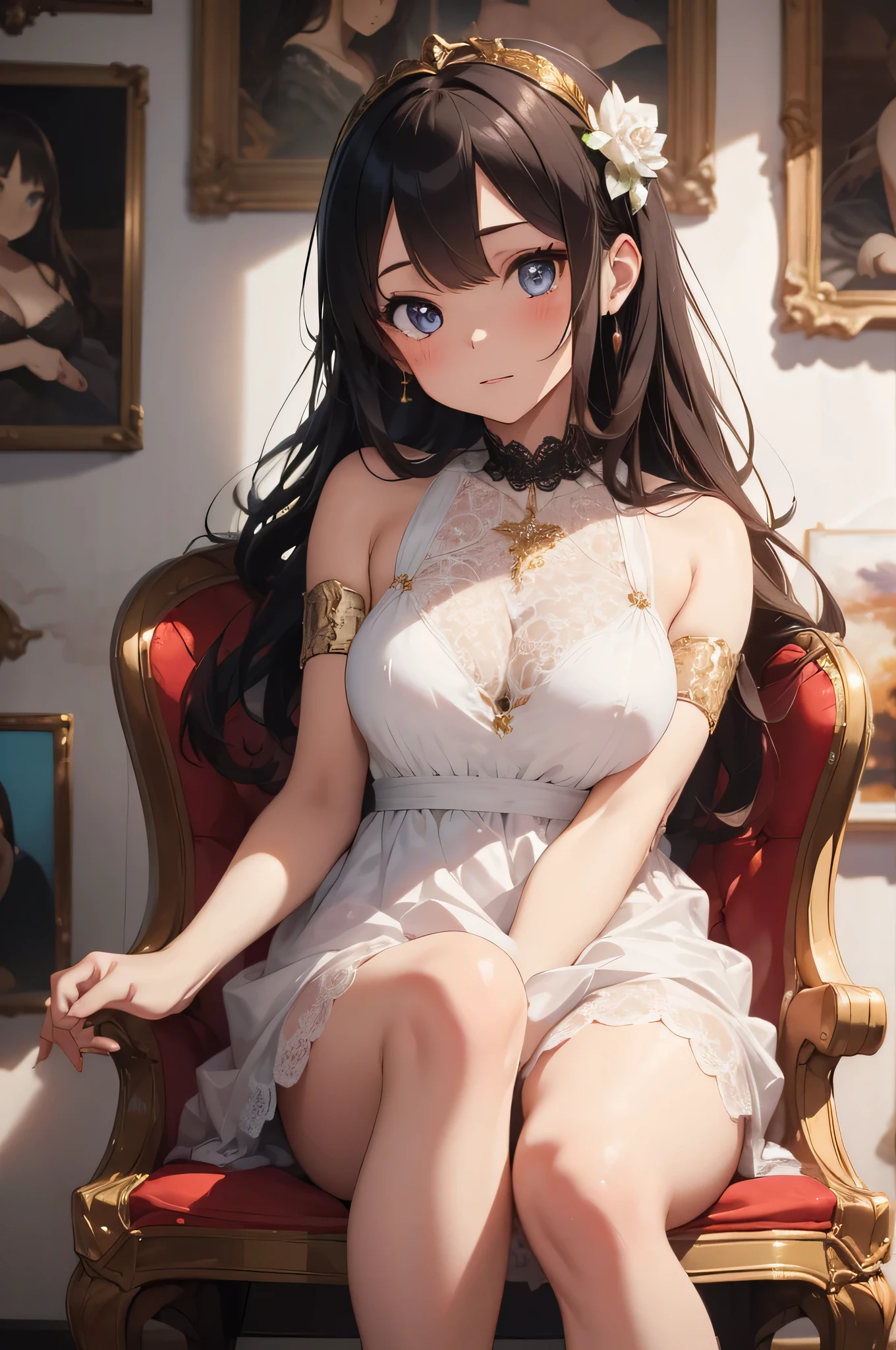 (1girl), princess, long hair, (extremely detailed beautiful face), (Beautiful girl in a princess dress:1.5), (lace dress:1.4), Amazing face and eyes, (The sexiest look), (Best Quality:1.4), (hyper quality), (Ultra-detailed), (extremely detailed CG unified 8k wallpaper), Highly detailed, RAW Photos, Professional Photography, sitting, (A luxurious living room with paintings of sexy girls on the walls:1.6), (golden chairs, golden ornaments, dazzling brilliance:1.2), luxurious, gorgeous, famous sexy movie scenes,