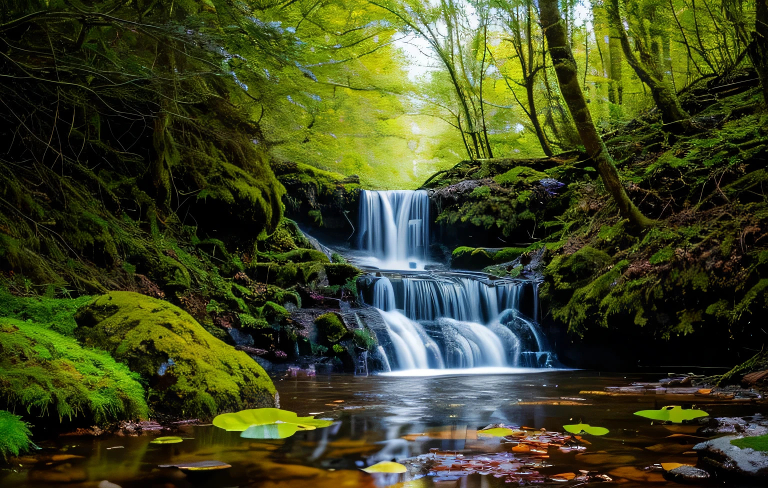 pond, spring, waterfall, lots of blues and purples, lots of glowing crystals, lush moss and flowers, mushrooms, extremely detailed, 8k, award winning photography, trending, enchanting, mystical, alien