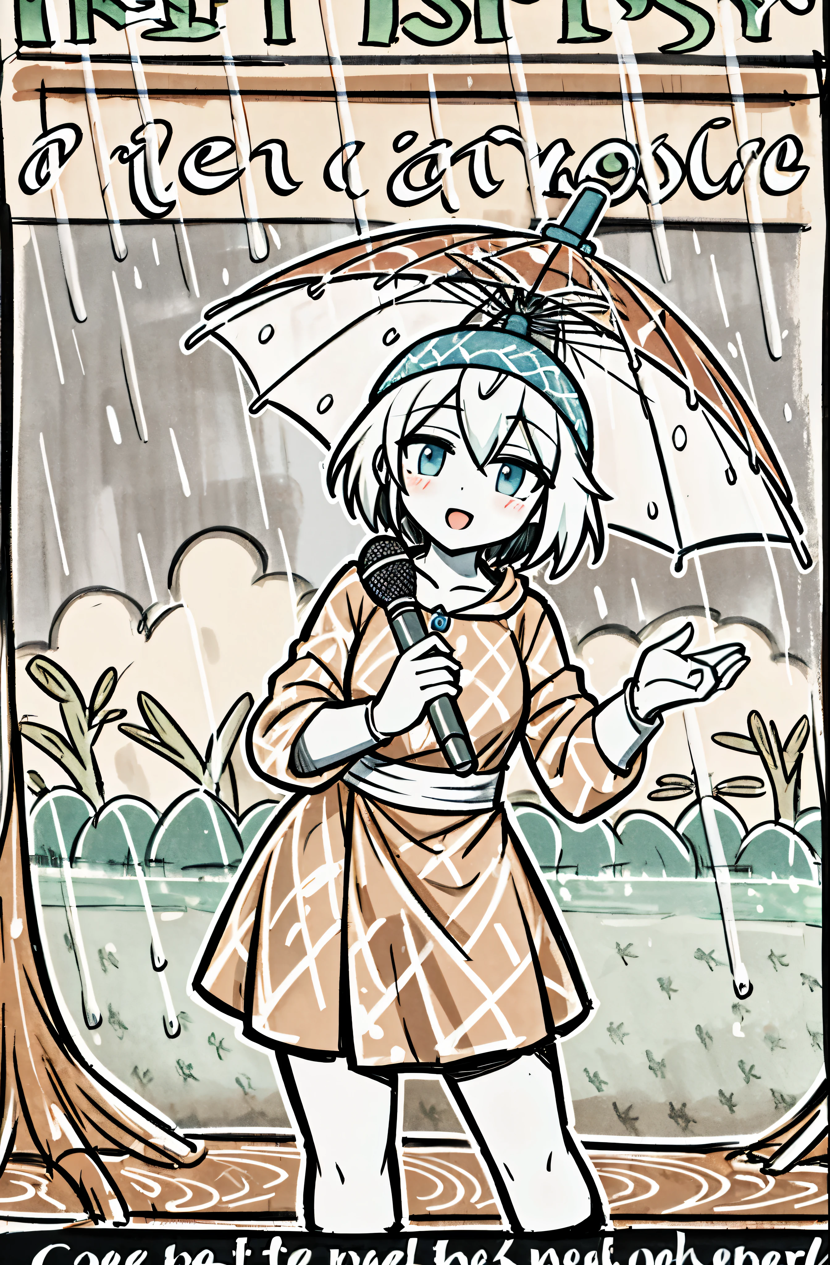 reporter, reporter on rain, weather girl, weather reporter, microphone, rainning, by bestiary_style, masterpiece, best quality, text, watermark, solo,