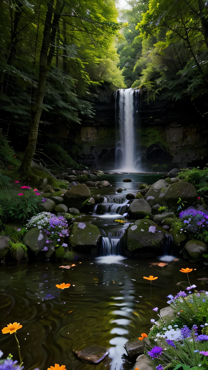 pond, spring, waterfall, lots of blues and purples, lots of glowing crystals, lush moss and flowers, mushrooms, extremely detailed, 8k, award winning photography, trending, enchanting, mystical, alien, surreal world