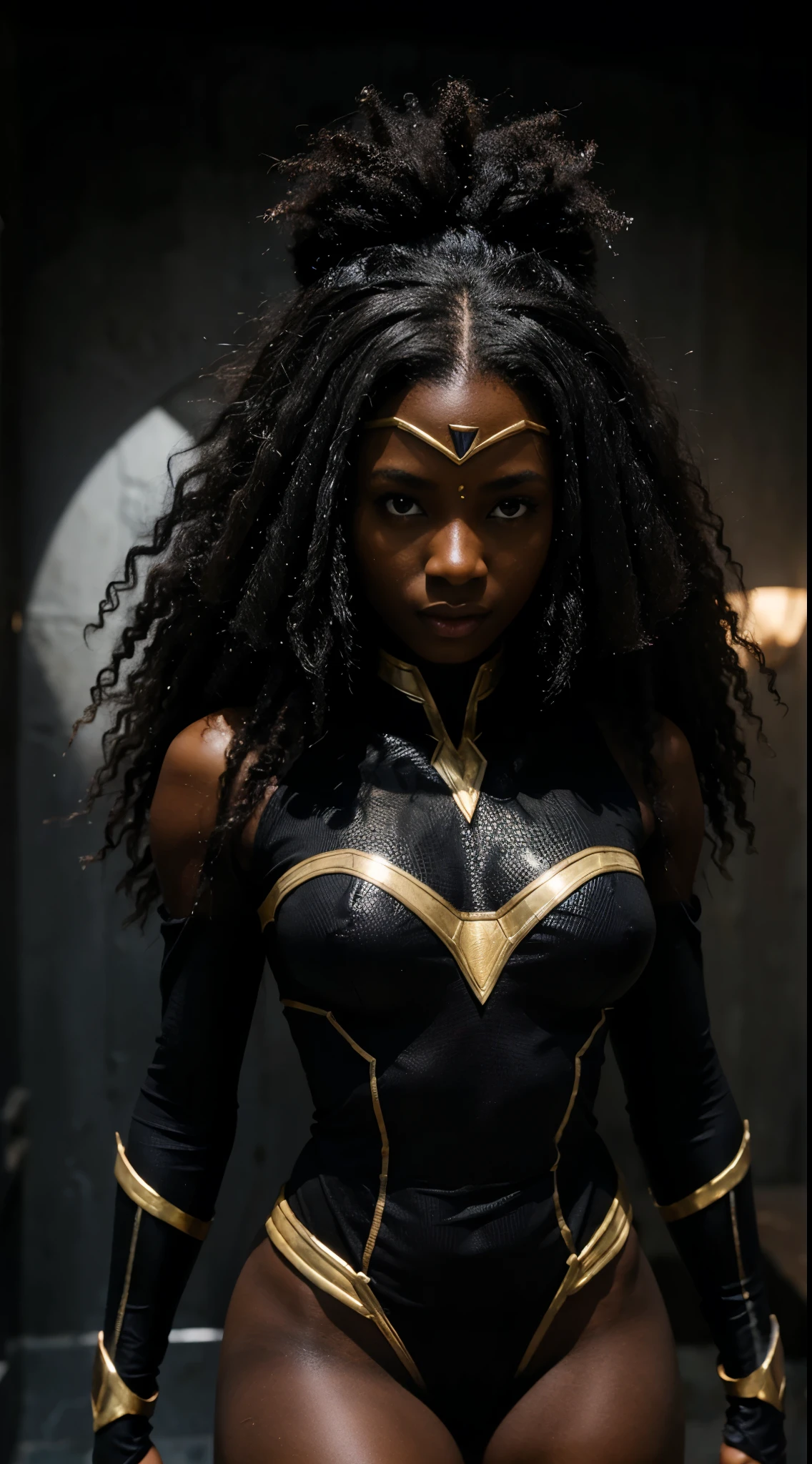 Dark black african Girl superhero mystic front pose, character design, aspect ratio, symmetrical,  perfect figure, outstanding