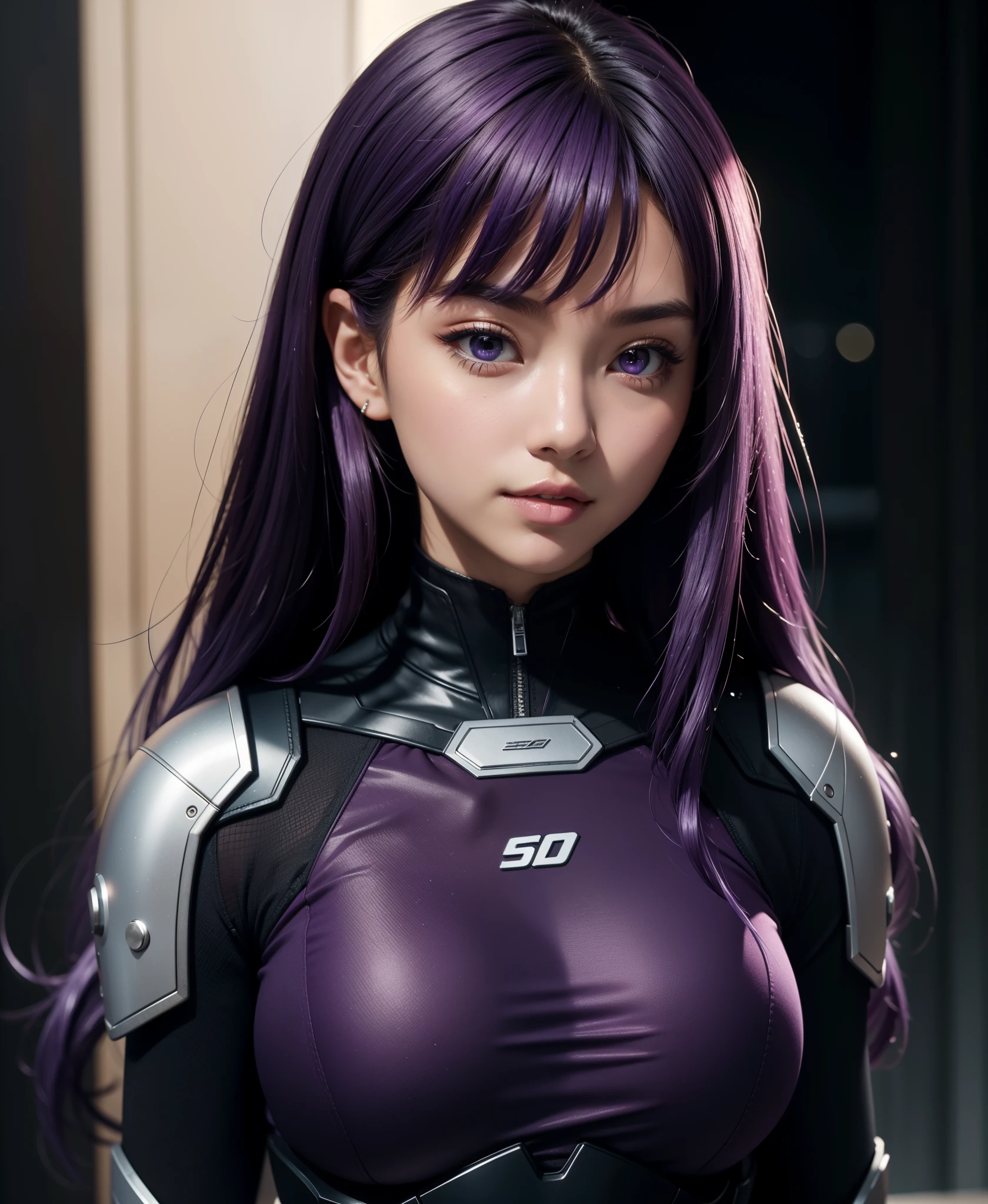 1girl, star eye, blush, perfect illumination, distinct, unreal engine, sidelighting, (bright skin:1.1), ulzzang-6500-v1.1, soft smile, (face focus:1.1), ((dark purple hair)), (simple background), (dark background), (depth of field), bodysuit, close-up