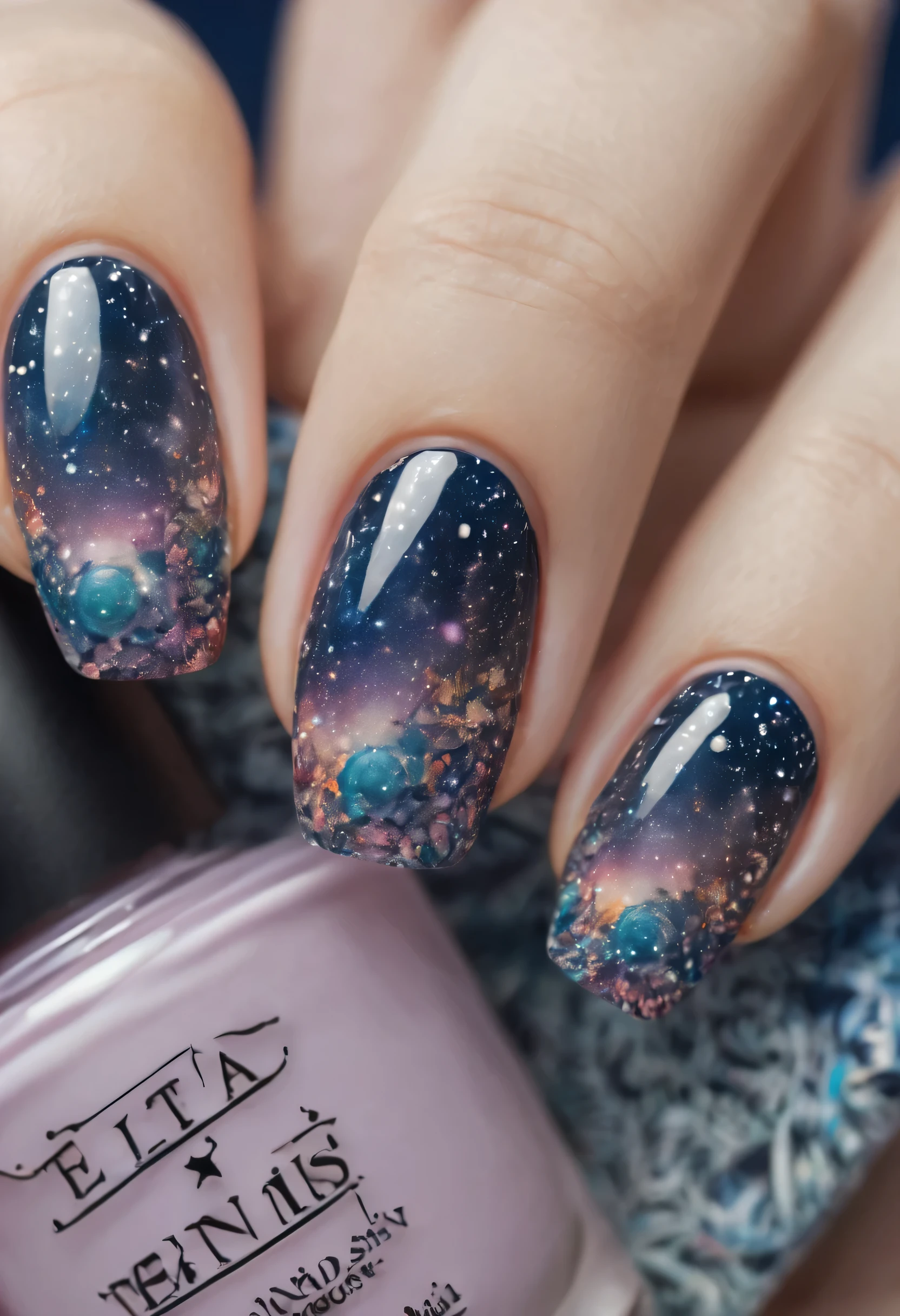 (best quality, highres, ultra sharp), magical ,cute styled nails, tattoo, in a magical starry sky, zentangle, full colored, 3d crunch, photo collage,