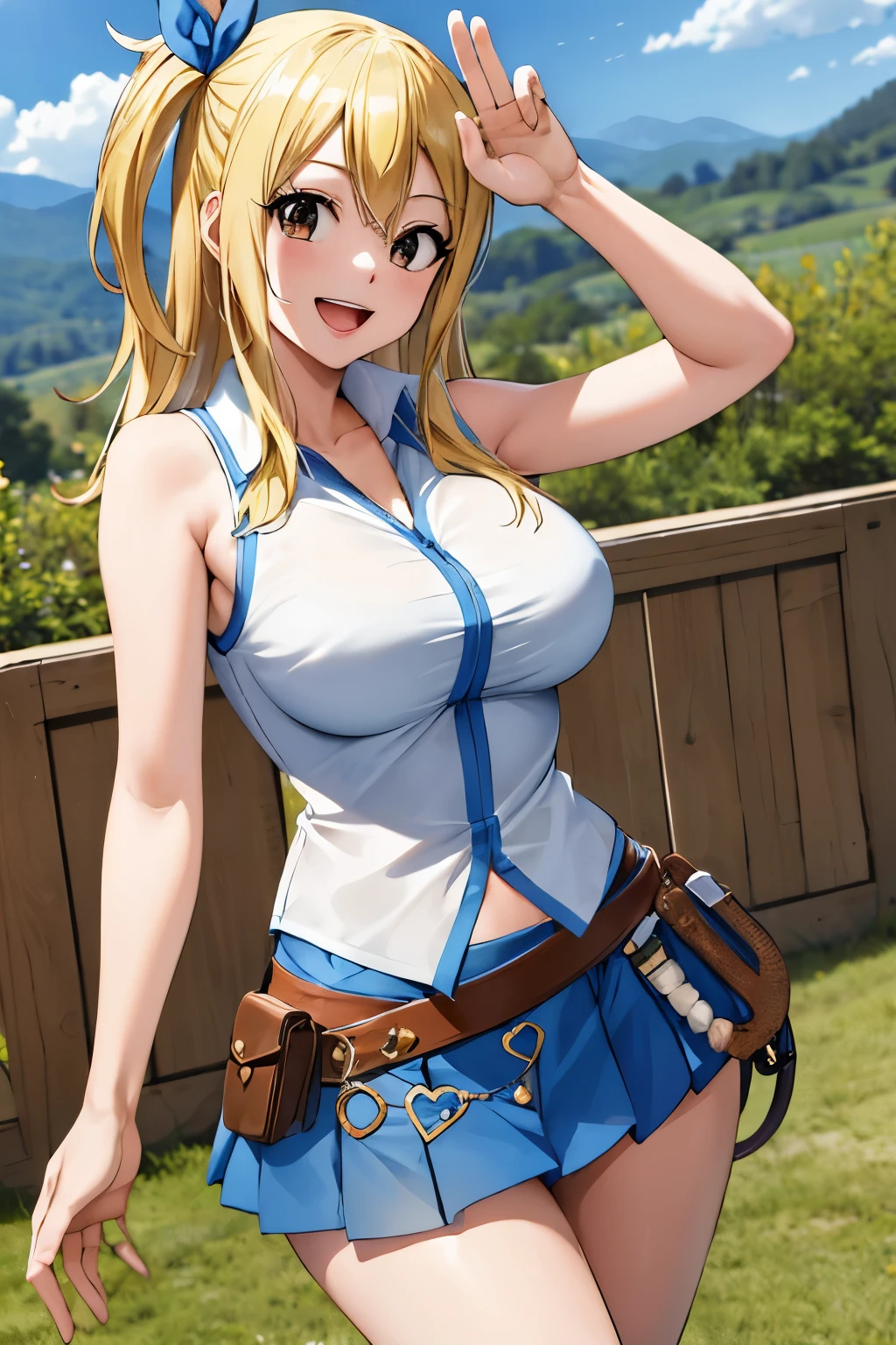 masterpiece, best quality, highres, lucy heartfilia, blonde hair, long hair, large breasts, white shirt, sleeveless, belt, blue skirt, cowboy shot, standing, looking at viewer, outdoors, waving, smile, open mouth,, nude