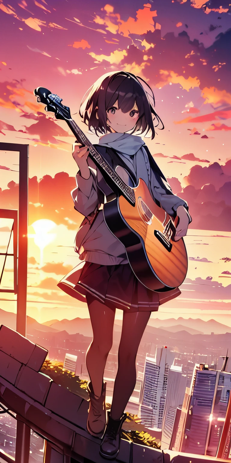 table top, highest quality,figure, wallpaper, ultra detail, absurd, 16 year old girl, alone, (medium short hair、play the guitar、Smile、Overlooking the city from the top of the hill、the sunset is beautiful
