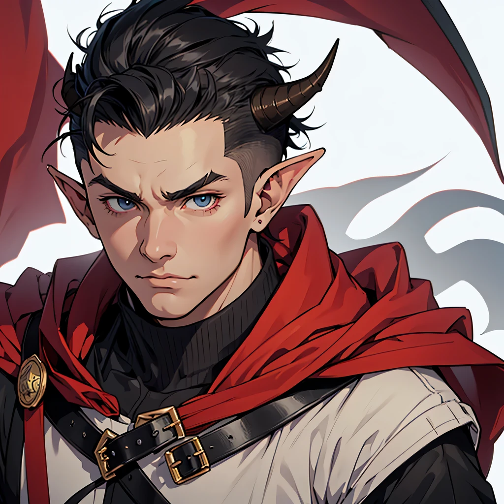 anime, masterpiece, best quality, by professional artist, male, solo, portrait, detailed composition, detailed eyes, white background, undercut black hair, dragon horns, wearing red and black medieval armor, elf ears