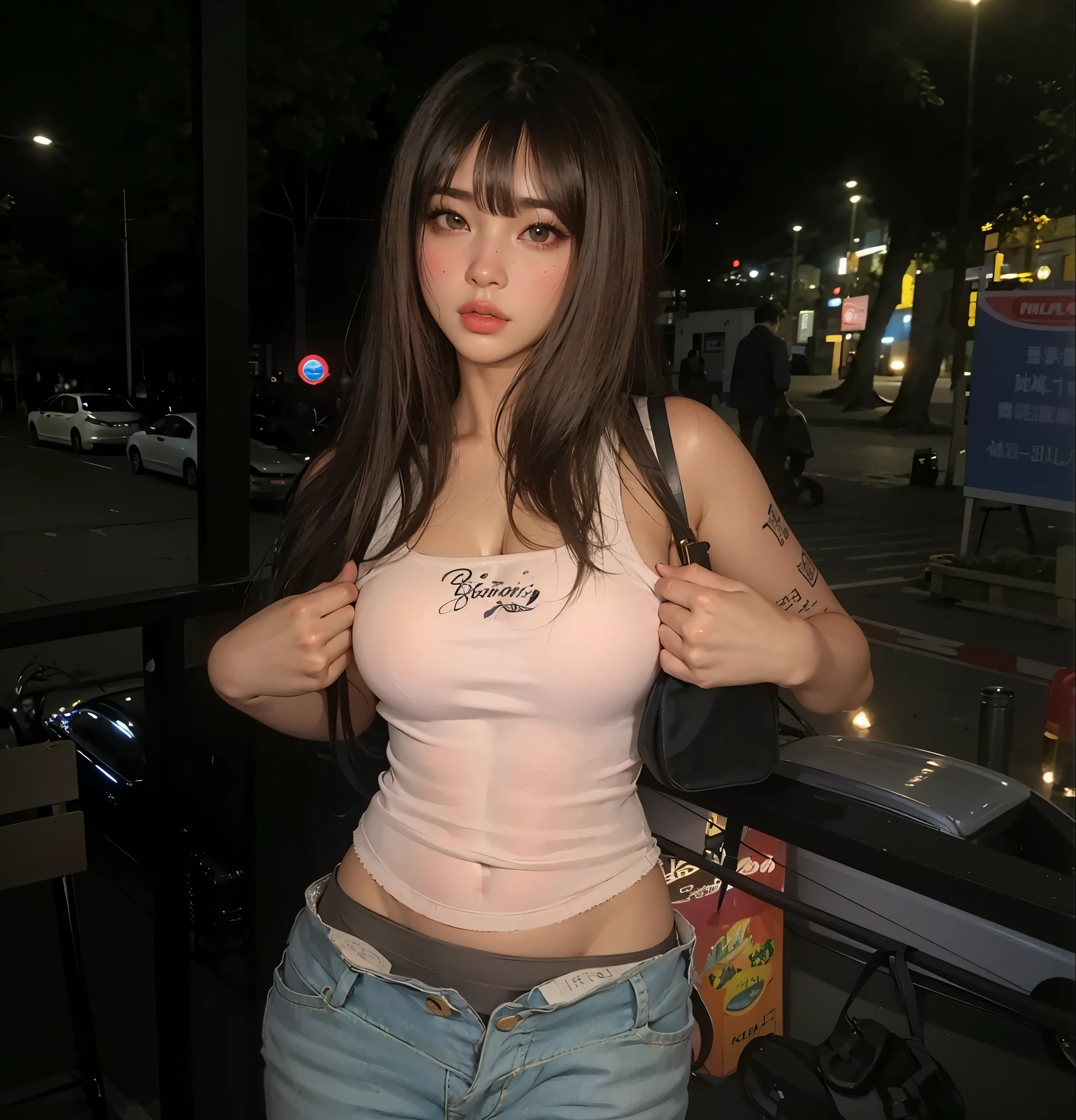 best quality,ultra-detailed, highres,masterpiece:1.2),portrait, perfect body shape, big , big tits, perfect woman tits, big tits, asian girl with white shirt, Bayonetta, Bayonetta make-up, perfect body shape, big , black hair, beautiful face, focous on face details, Jimin,plump lips, Park Jimin-inspired aesthetic, swollen right eyelid of Jimin, Greek nose of Jimin, inspired by Bian Shoumin, elongated neck, vivid colors,soft lighting, perfect small nose, perfect face, expressive eyes, puppy eyes, adorable eyes, small nose, cute little nose asian, doll lips, round and full lips, fluffy lips, full lips, thick lips, full lips, this asian girl is pouting her lips, steeping her lips, pouting her lips, thick juicy lips, big lips, full lips, full lips