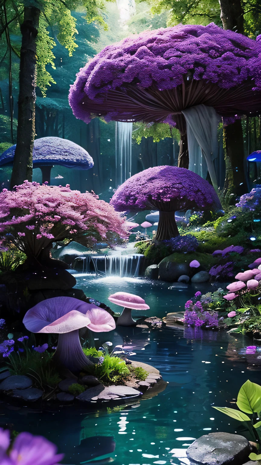 lush plantlife, real, photorealist, detailed, 8k, high quality, an enchanting and dreamy scene of fantasy/alien forest, glowing mushrooms, creating a sense of mystique and enchantment, blues and purples, flowers, garden, water, flowers, depth of field, spring, crystals, fountain