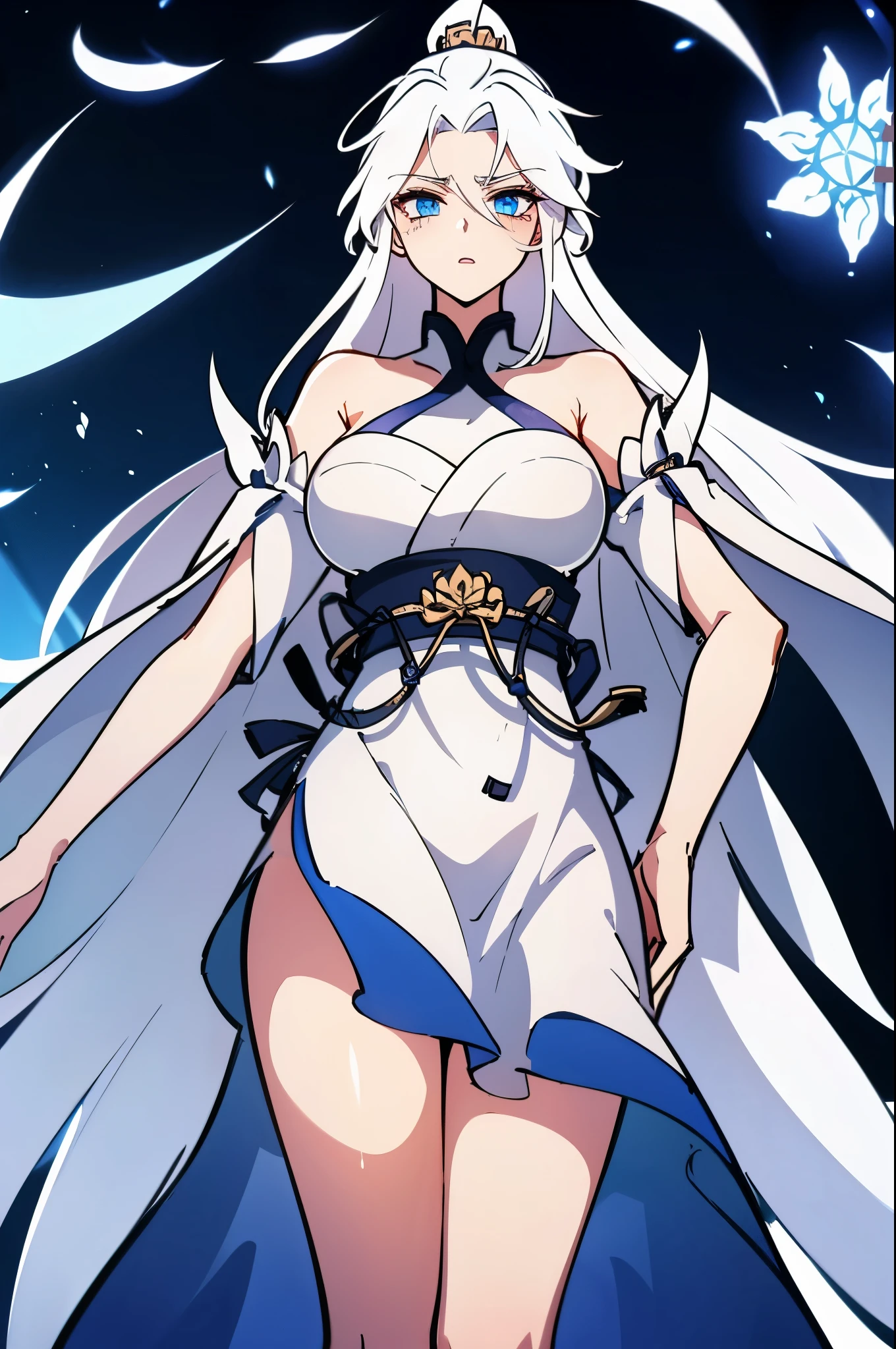 1girl,20s,solo,white short dress,white hair,long hair,elf ears,horns,white pantyhose,cleavage,red eyes,gold tiara,((no background)),talking,happy,smile,open mouth,profile,hand_on_own_cheek,looking to side,head up
