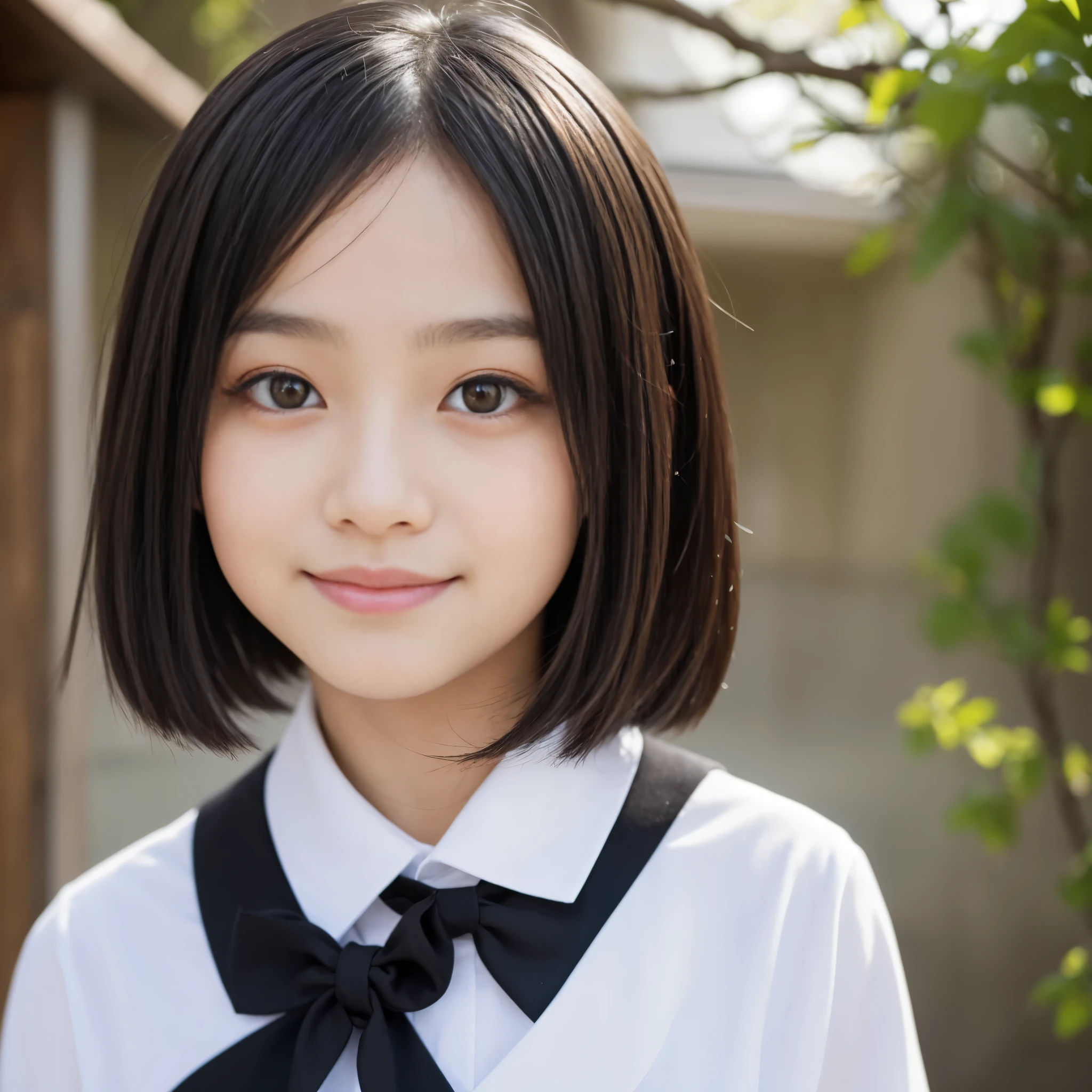 Best-quality, Masterpiece, Ultra-High-Resolution, (Photorealistic:1.4), Raw-Photo, 1girl, 15-years-old, the most famous Japanese idol, (wearing only Japanese-high-school-uniform), innocent smile, extremely cute face like the most popular Japanese idol, (((extremely beautiful big-black-eyes))), extremely beautiful black-short-cut-haired, extremely beautiful long-eyelashes, extremely beautiful lips, extremely beautiful skins, detailed big-black-eyes, detailed Japanese-high-school-uniform